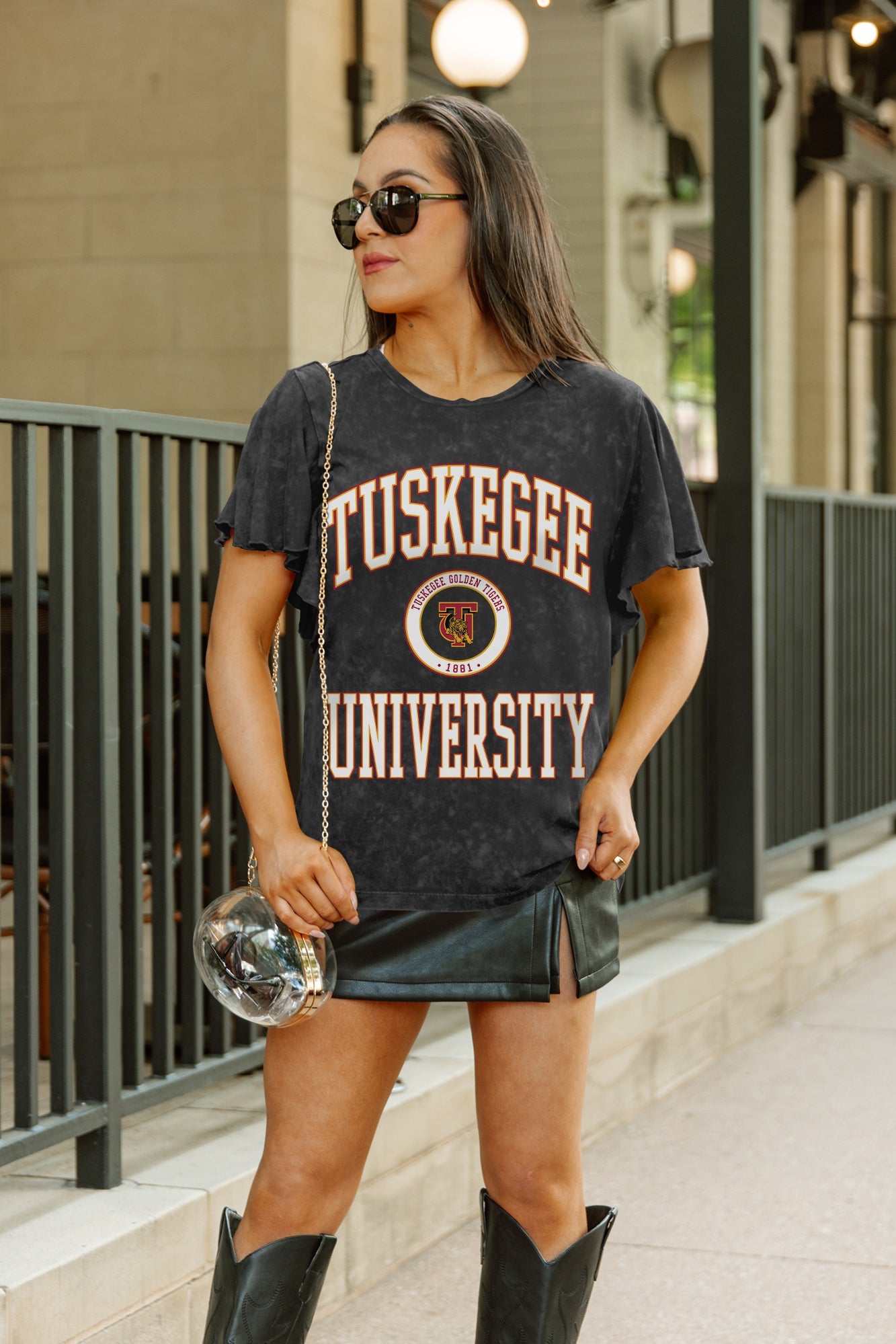 TUSKEGEE GOLDEN TIGERS VICTORY MODE FLUTTER SLEEVE TEE IN BLACK