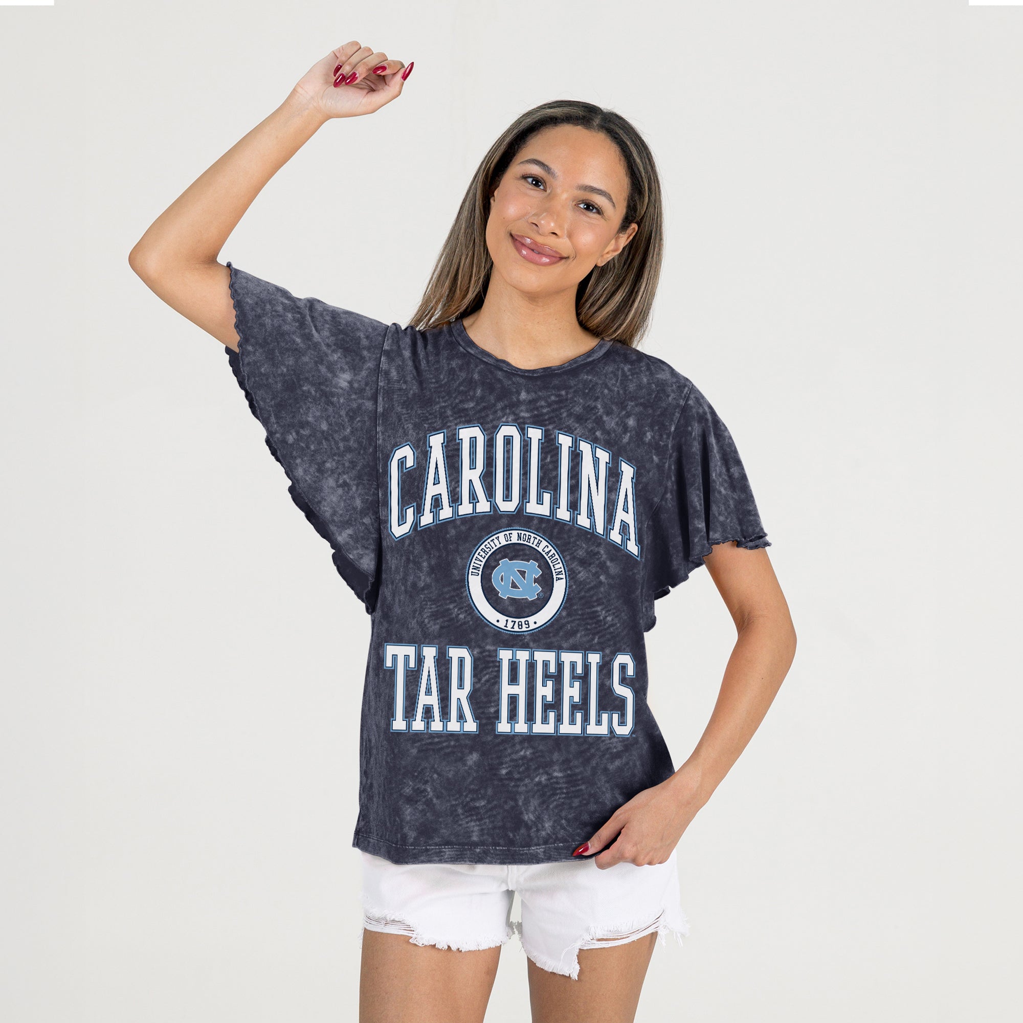 NORTH CAROLINA TAR HEELS VICTORY MODE FLUTTER SLEEVE TEE IN NAVY