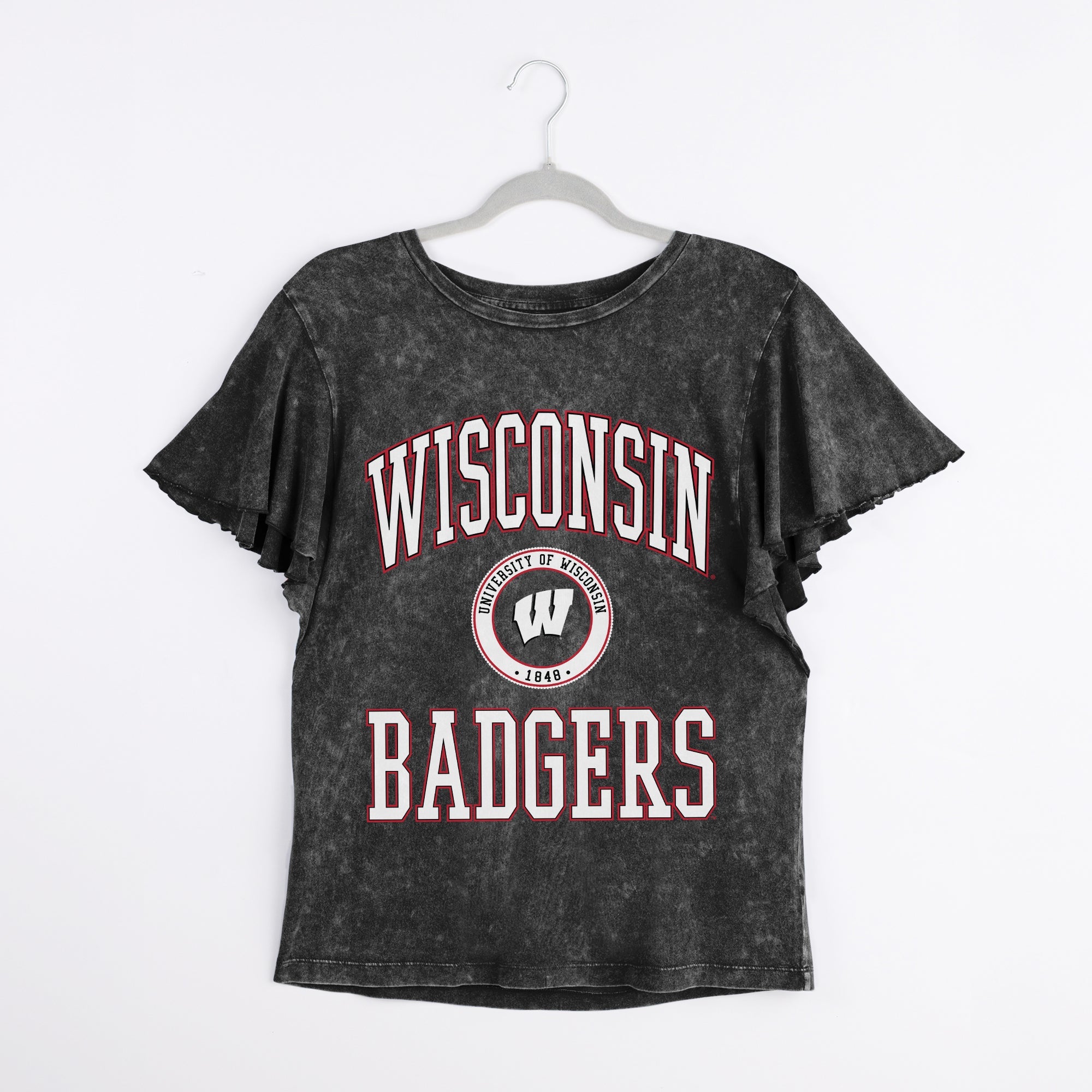 WISCONSIN BADGERS VICTORY MODE FLUTTER SLEEVE TEE IN BLACK