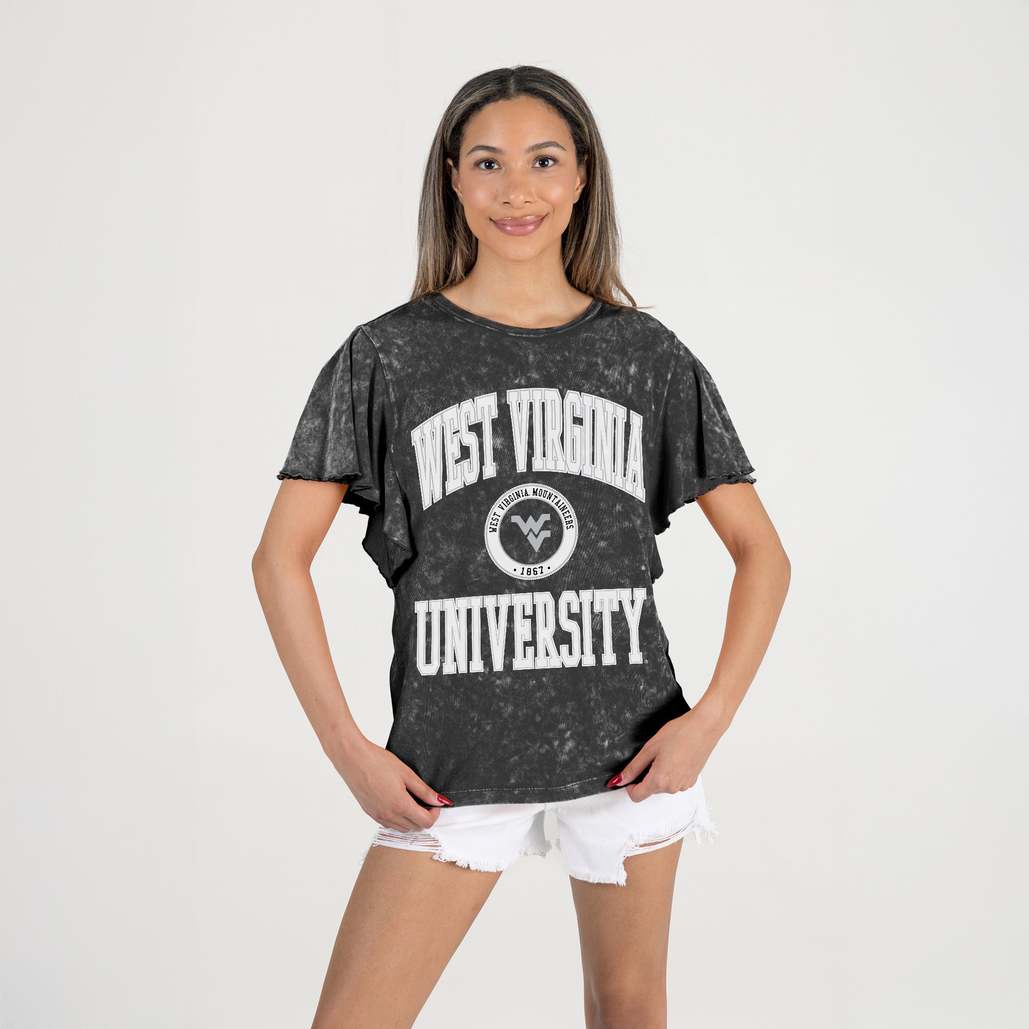 WEST VIRGINIA MOUNTAINEERS VICTORY MODE FLUTTER SLEEVE TEE IN BLACK