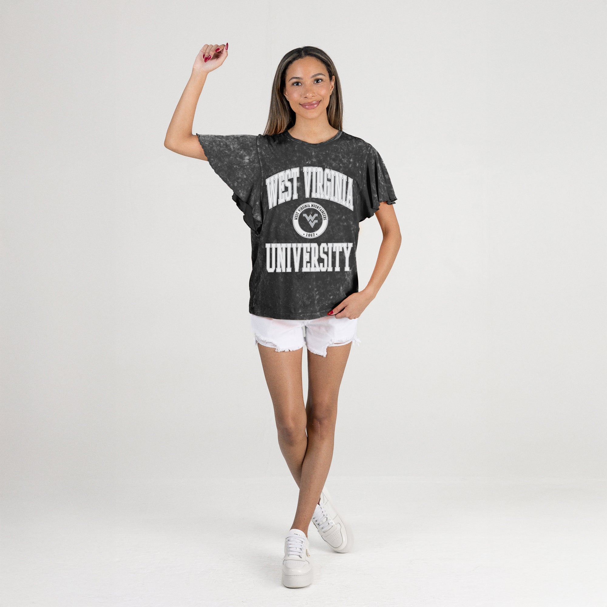 WEST VIRGINIA MOUNTAINEERS VICTORY MODE FLUTTER SLEEVE TEE IN BLACK
