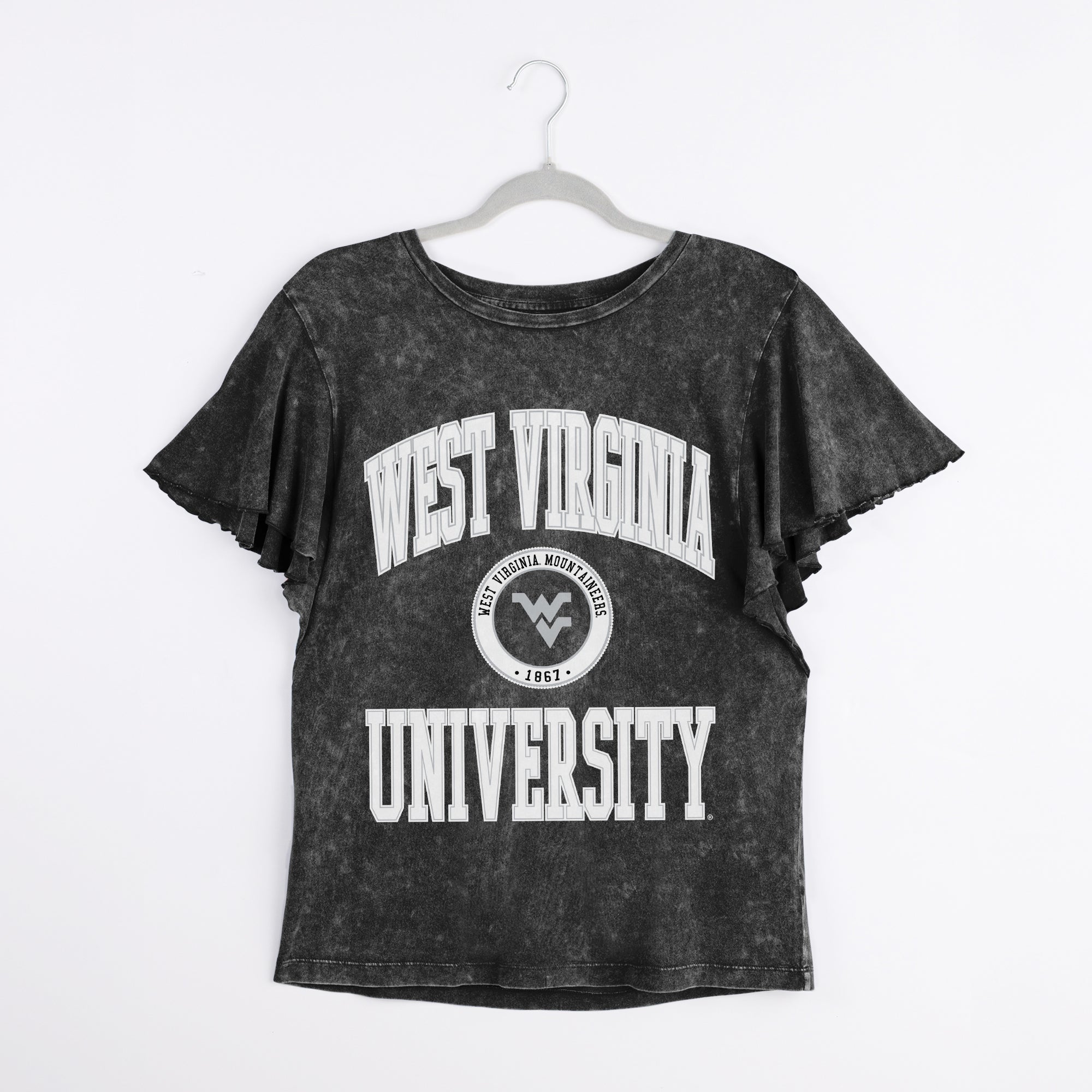WEST VIRGINIA MOUNTAINEERS VICTORY MODE FLUTTER SLEEVE TEE IN BLACK