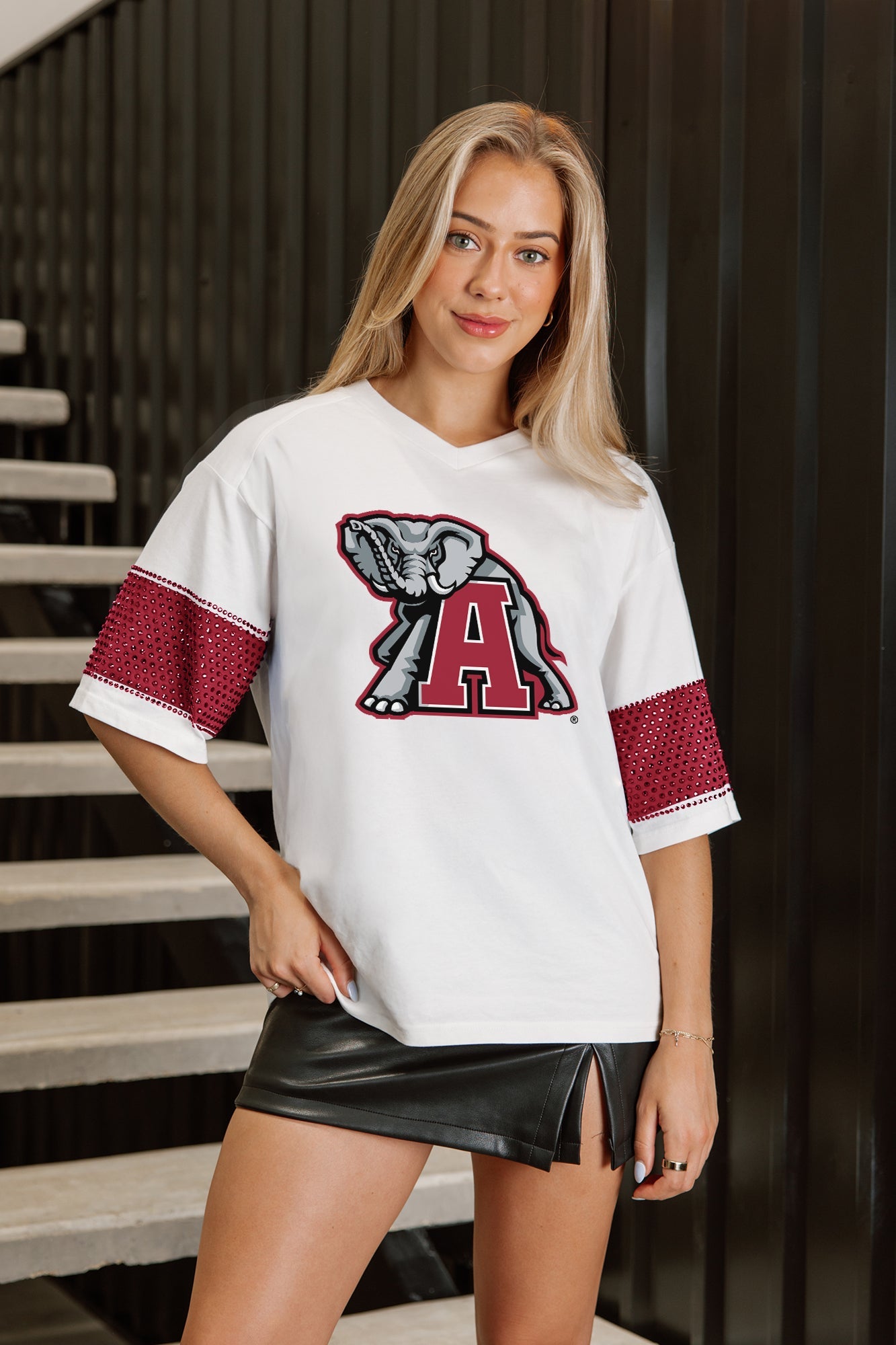 ALABAMA CRIMSON TIDE DOMINANCE RHINESTONE STRIPE VARSITY TEE
