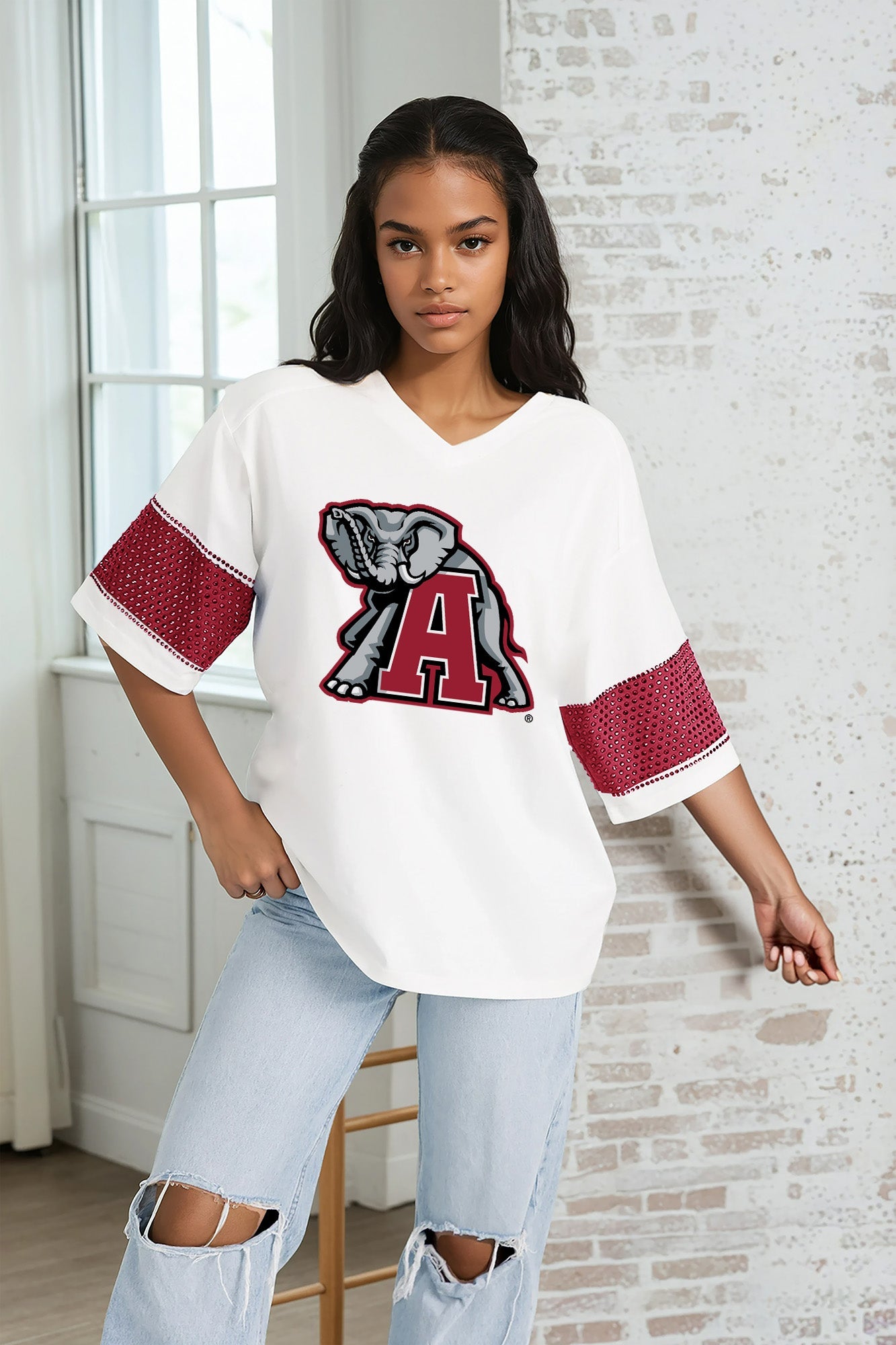 ALABAMA CRIMSON TIDE DOMINANCE RHINESTONE STRIPE VARSITY TEE