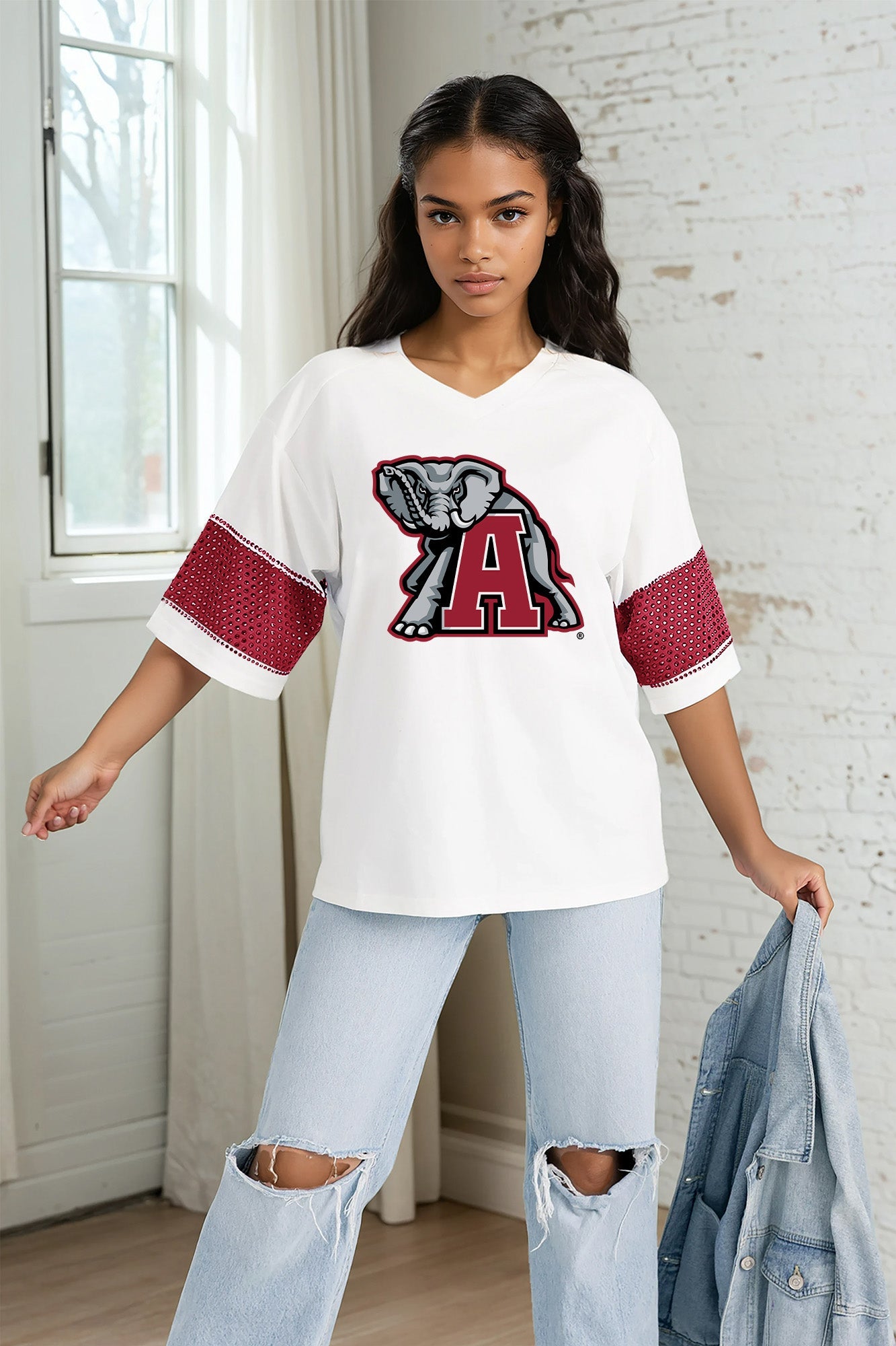 ALABAMA CRIMSON TIDE DOMINANCE RHINESTONE STRIPE VARSITY TEE
