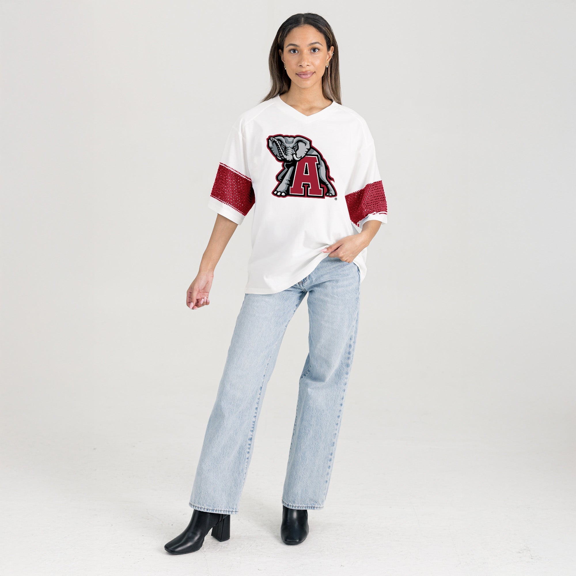 ALABAMA CRIMSON TIDE DOMINANCE RHINESTONE STRIPE VARSITY TEE