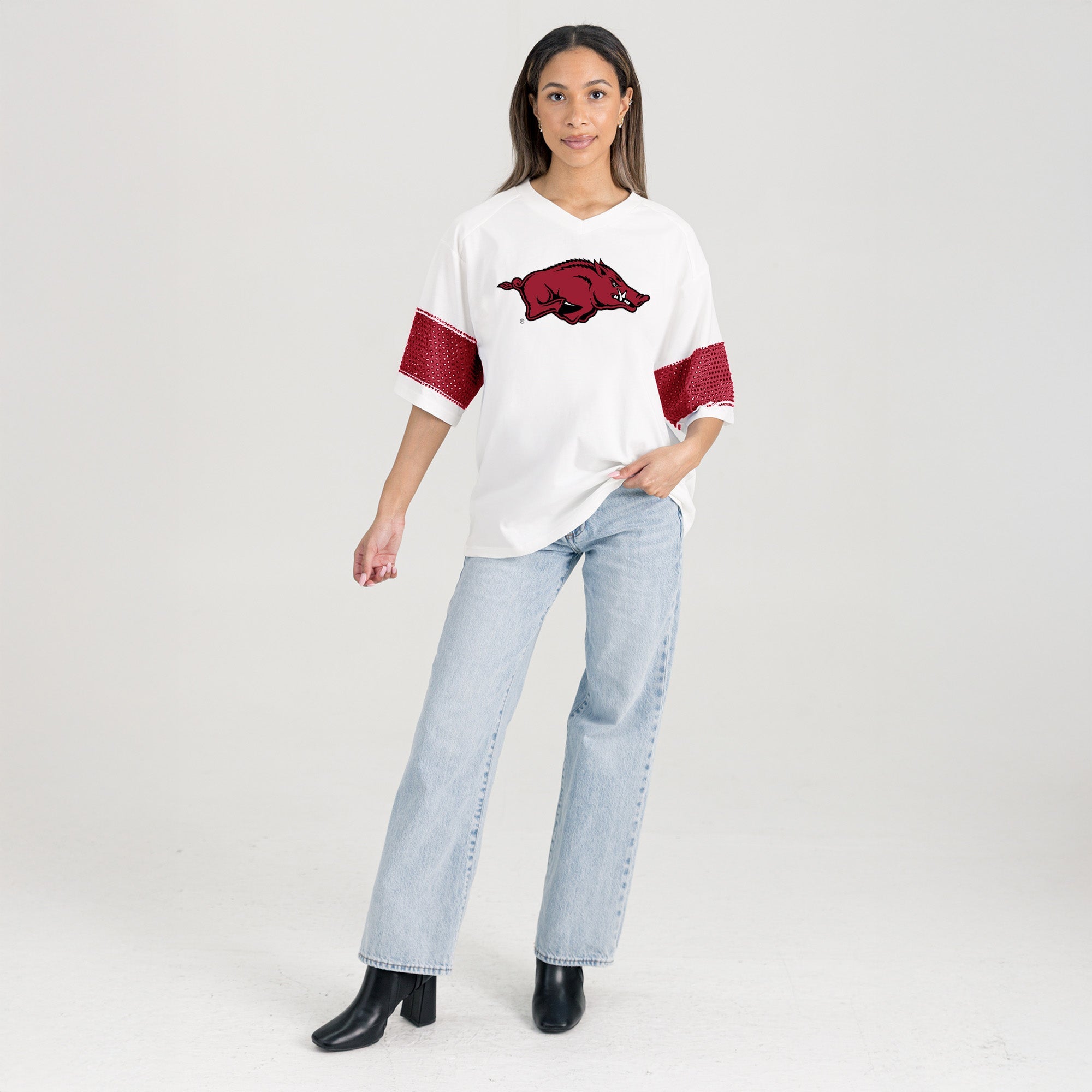ARKANSAS RAZORBACKS DOMINANCE RHINESTONE STRIPE VARSITY TEE