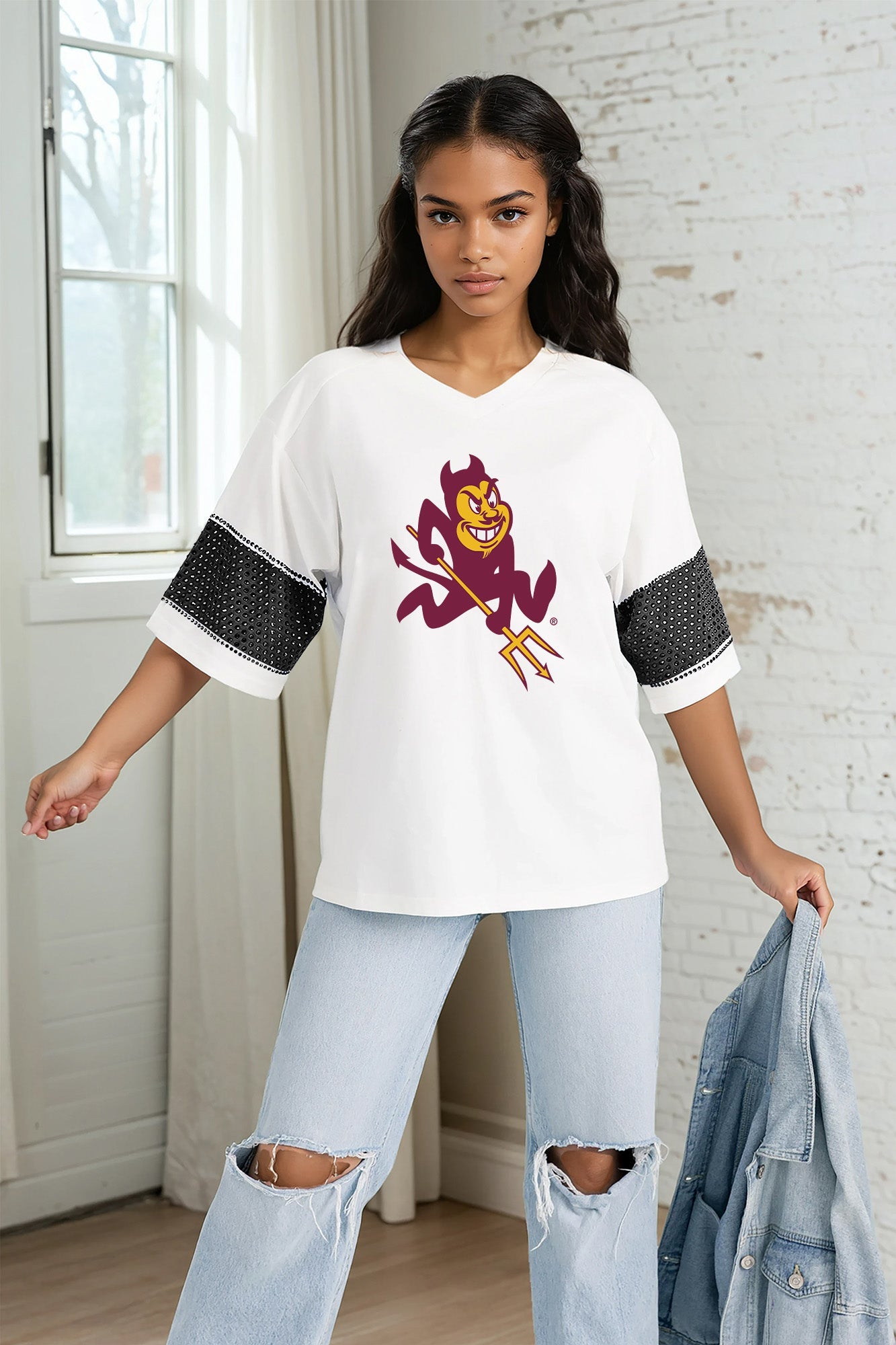 ARIZONA STATE SUN DEVILS DOMINANCE RHINESTONE STRIPE VARSITY TEE
