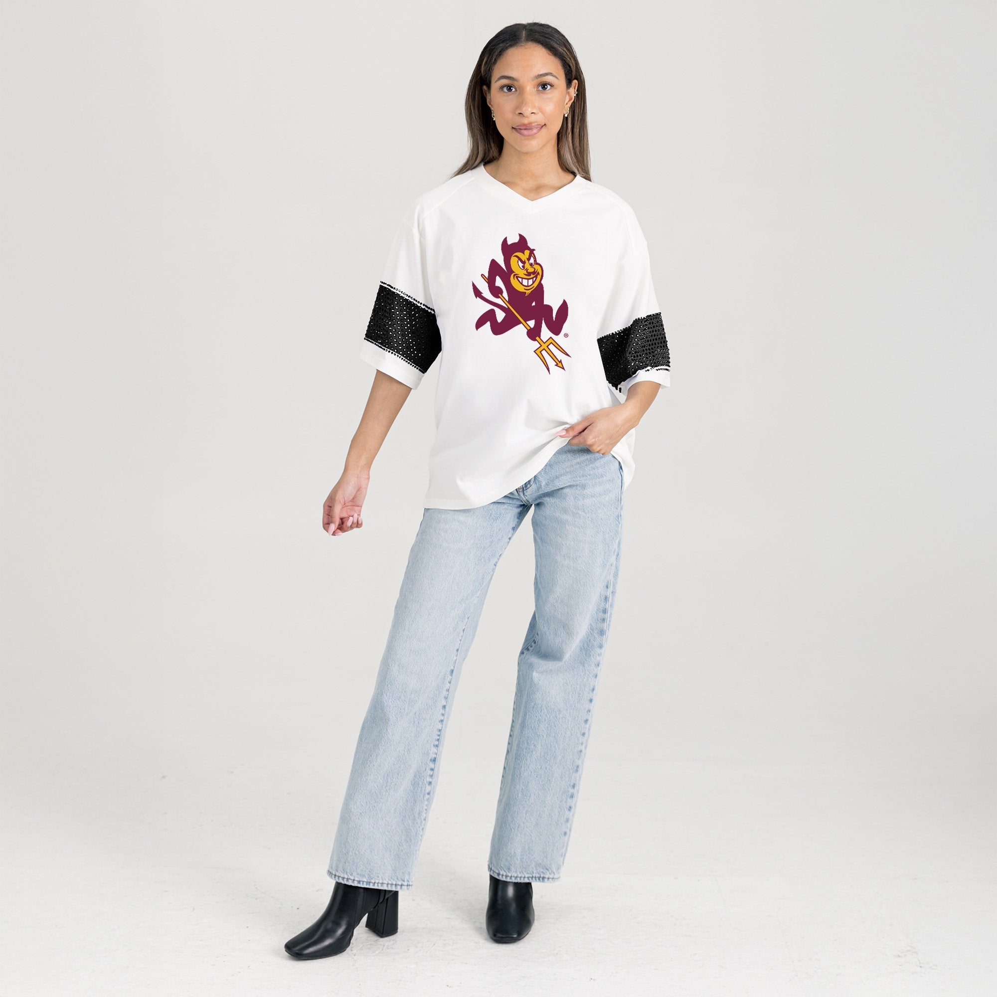 ARIZONA STATE SUN DEVILS DOMINANCE RHINESTONE STRIPE VARSITY TEE