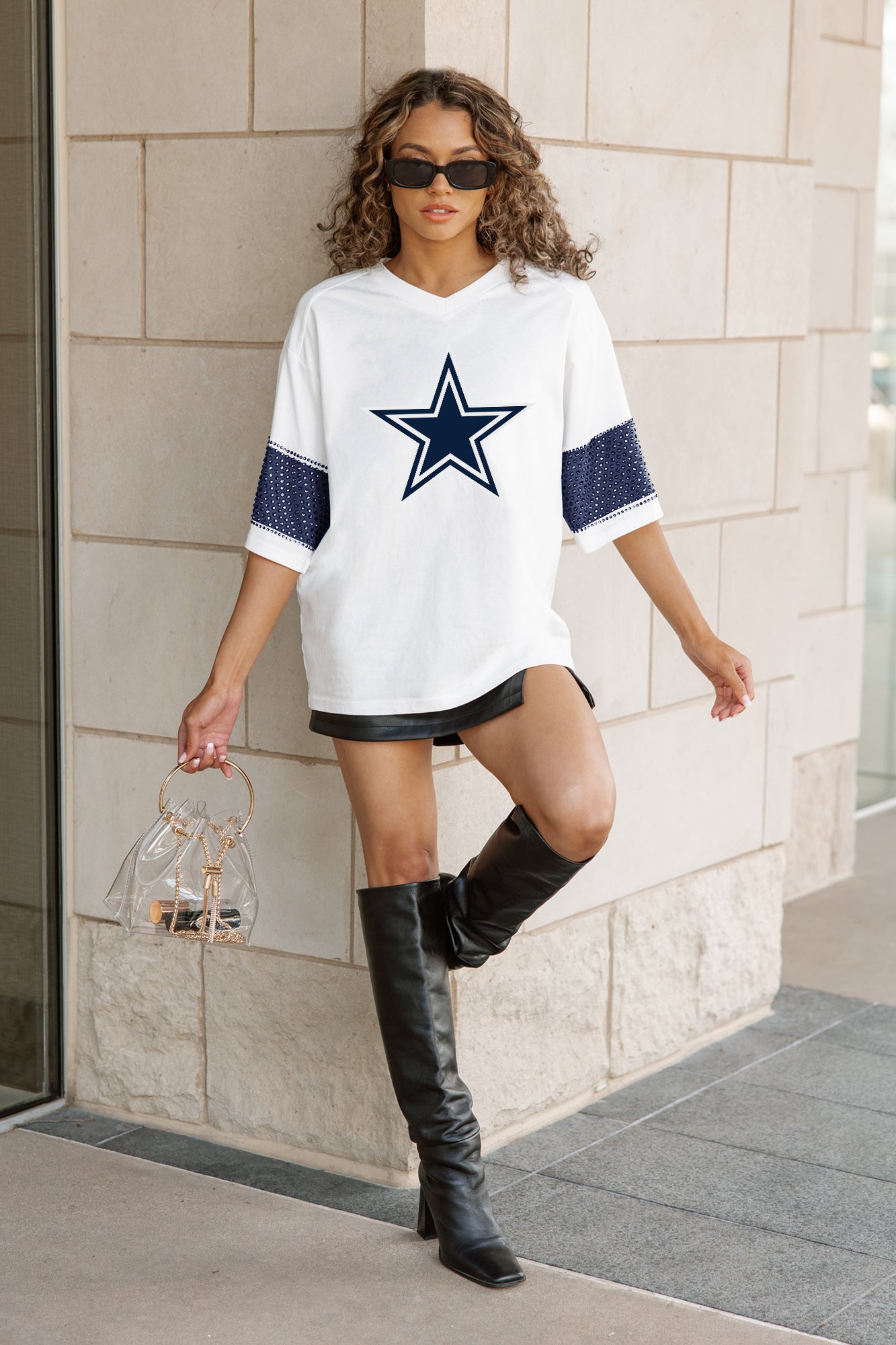 DALLAS COWBOYS DOMINANCE RHINESTONE STRIPE VARSITY TEE