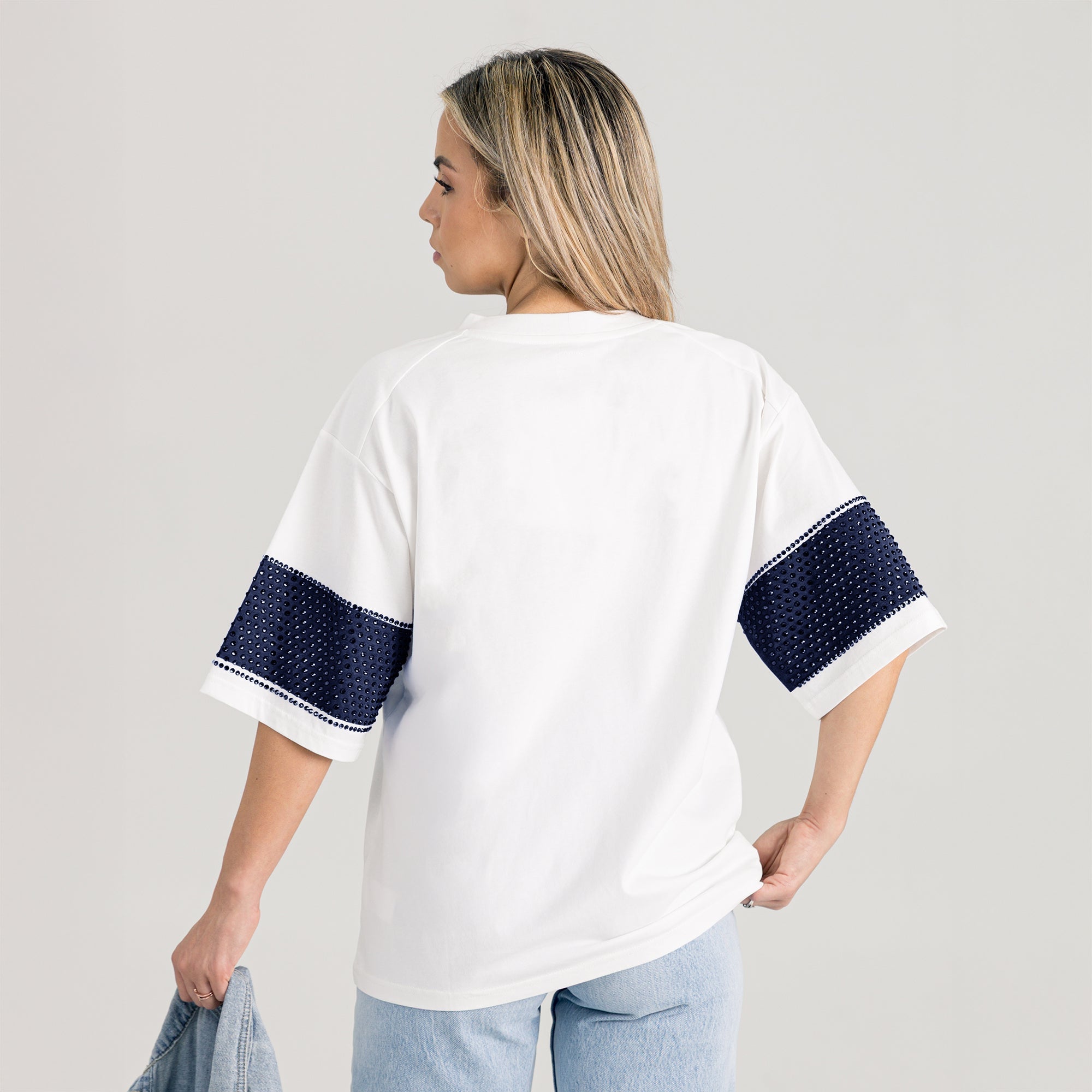 DALLAS COWBOYS DOMINANCE RHINESTONE STRIPE VARSITY TEE