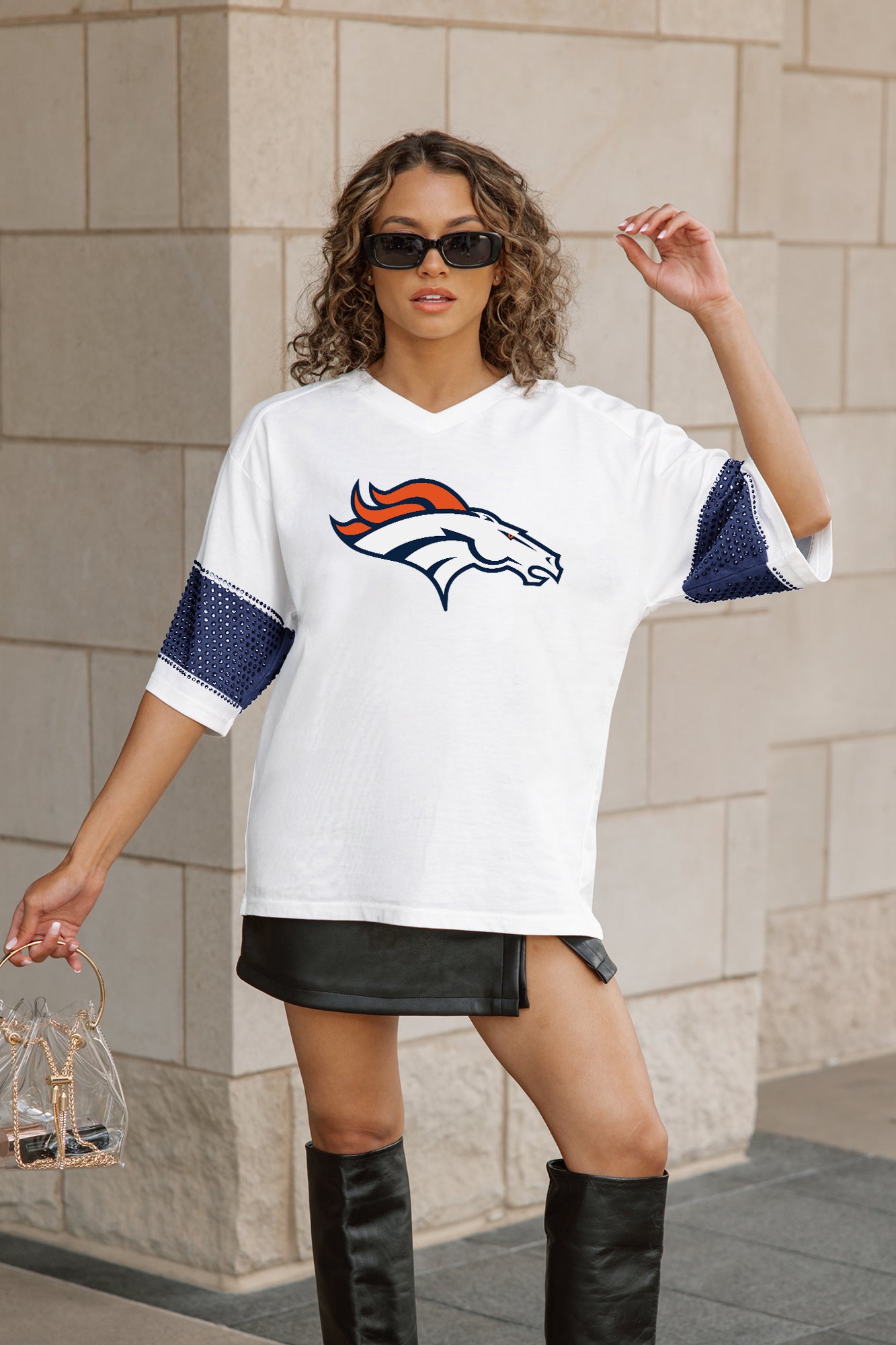 DENVER BRONCOS DOMINANCE RHINESTONE STRIPE VARSITY TEE
