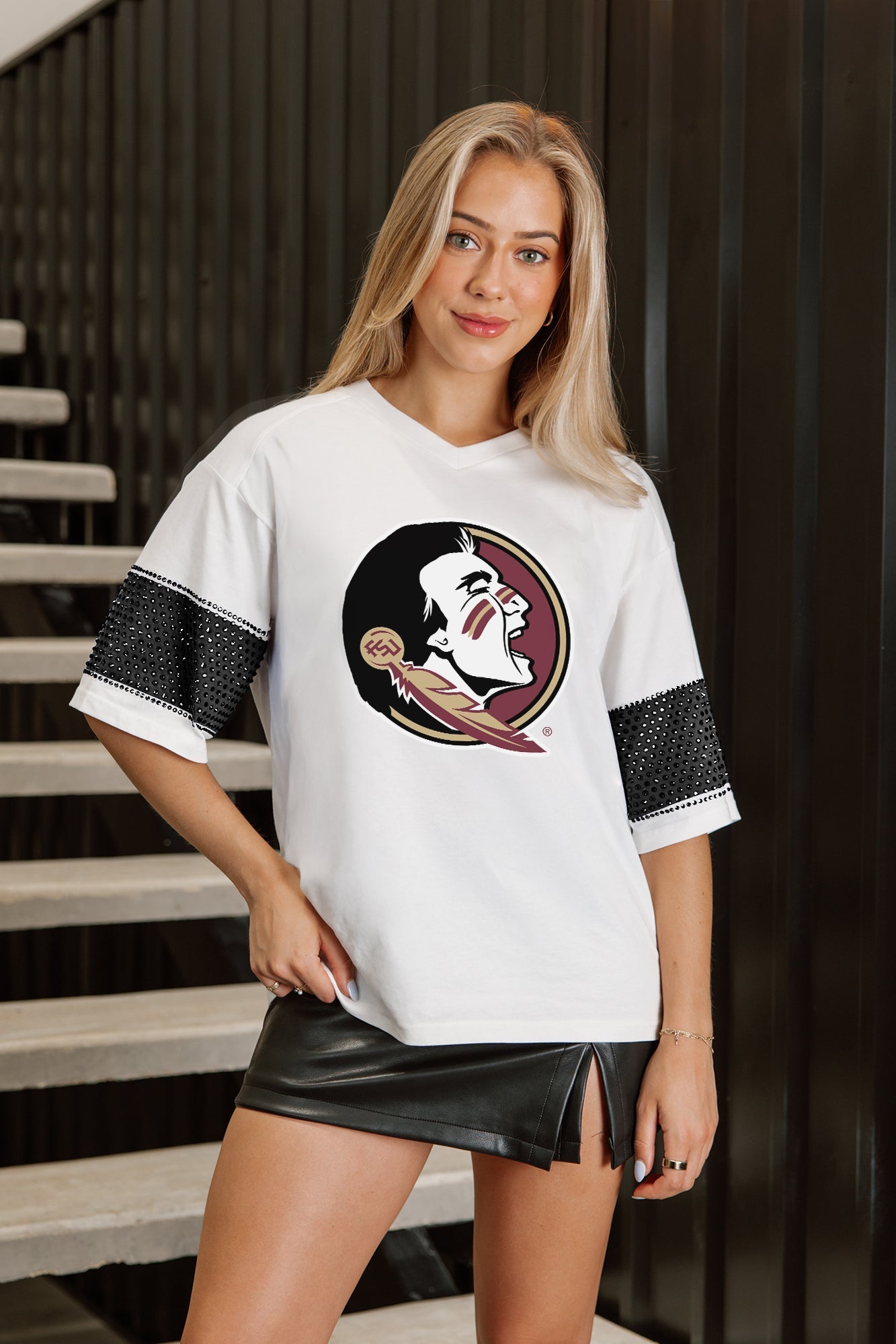 FLORIDA STATE SEMINOLES DOMINANCE RHINESTONE STRIPE VARSITY TEE