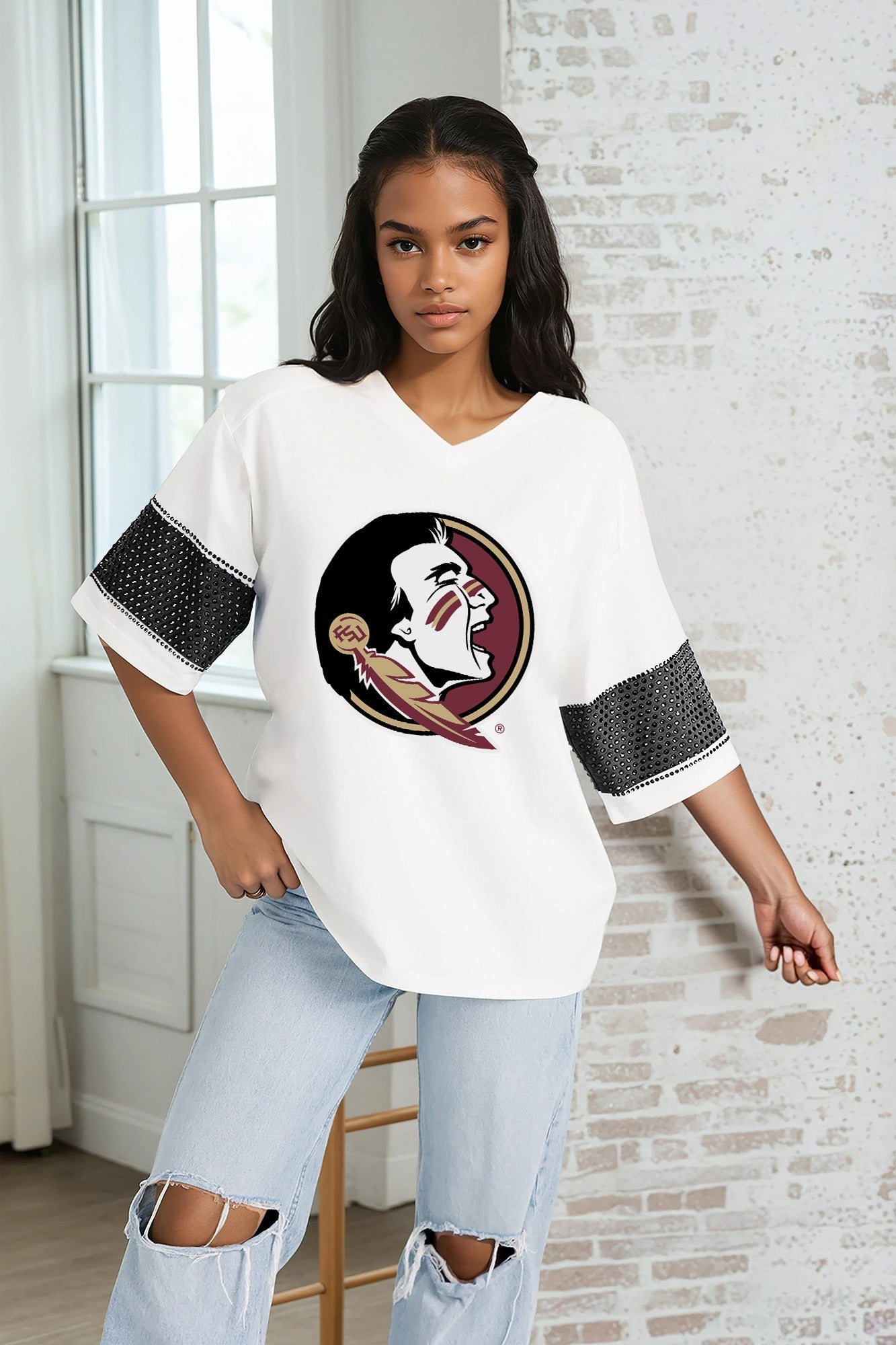 FLORIDA STATE SEMINOLES DOMINANCE RHINESTONE STRIPE VARSITY TEE