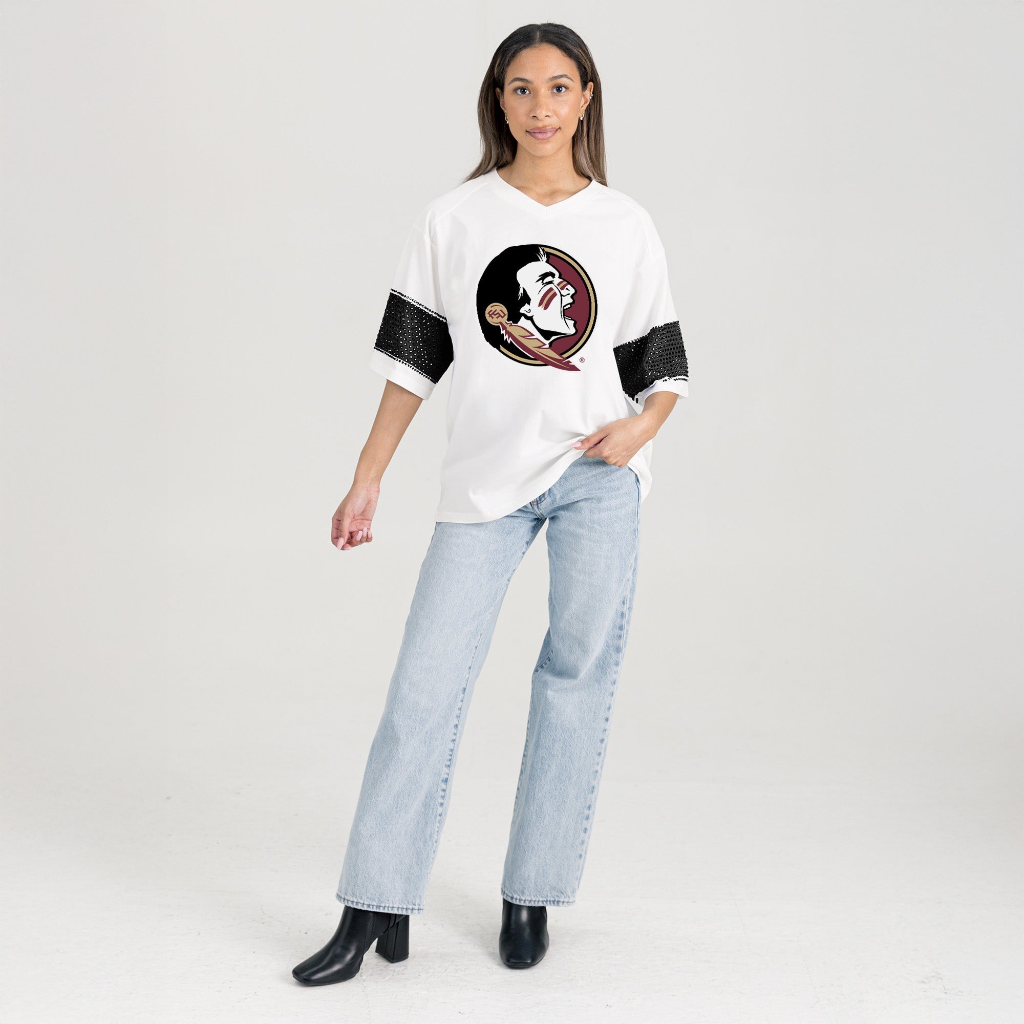 FLORIDA STATE SEMINOLES DOMINANCE RHINESTONE STRIPE VARSITY TEE