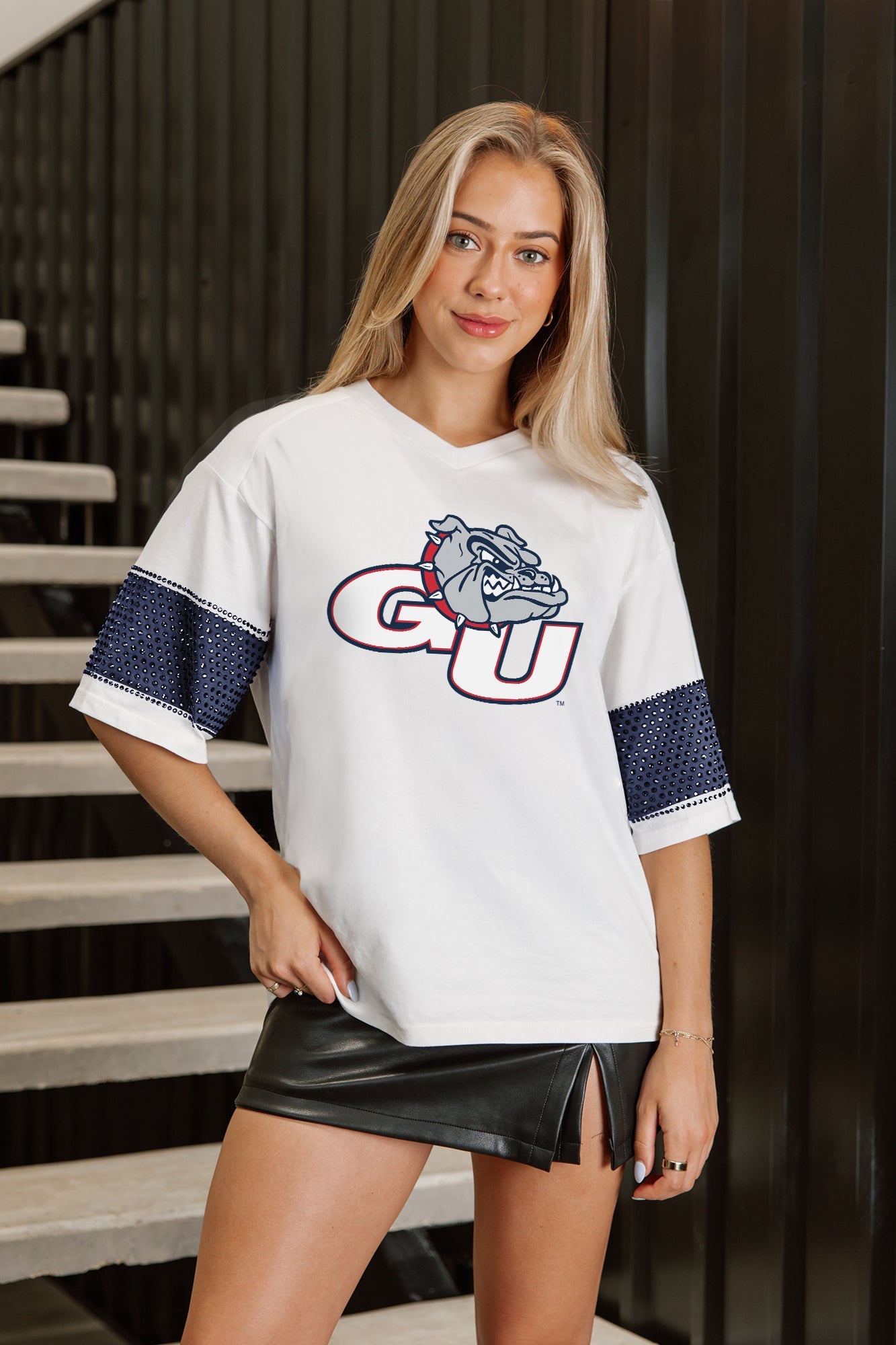 GONZAGA BULLDOGS DOMINANCE RHINESTONE STRIPE VARSITY TEE