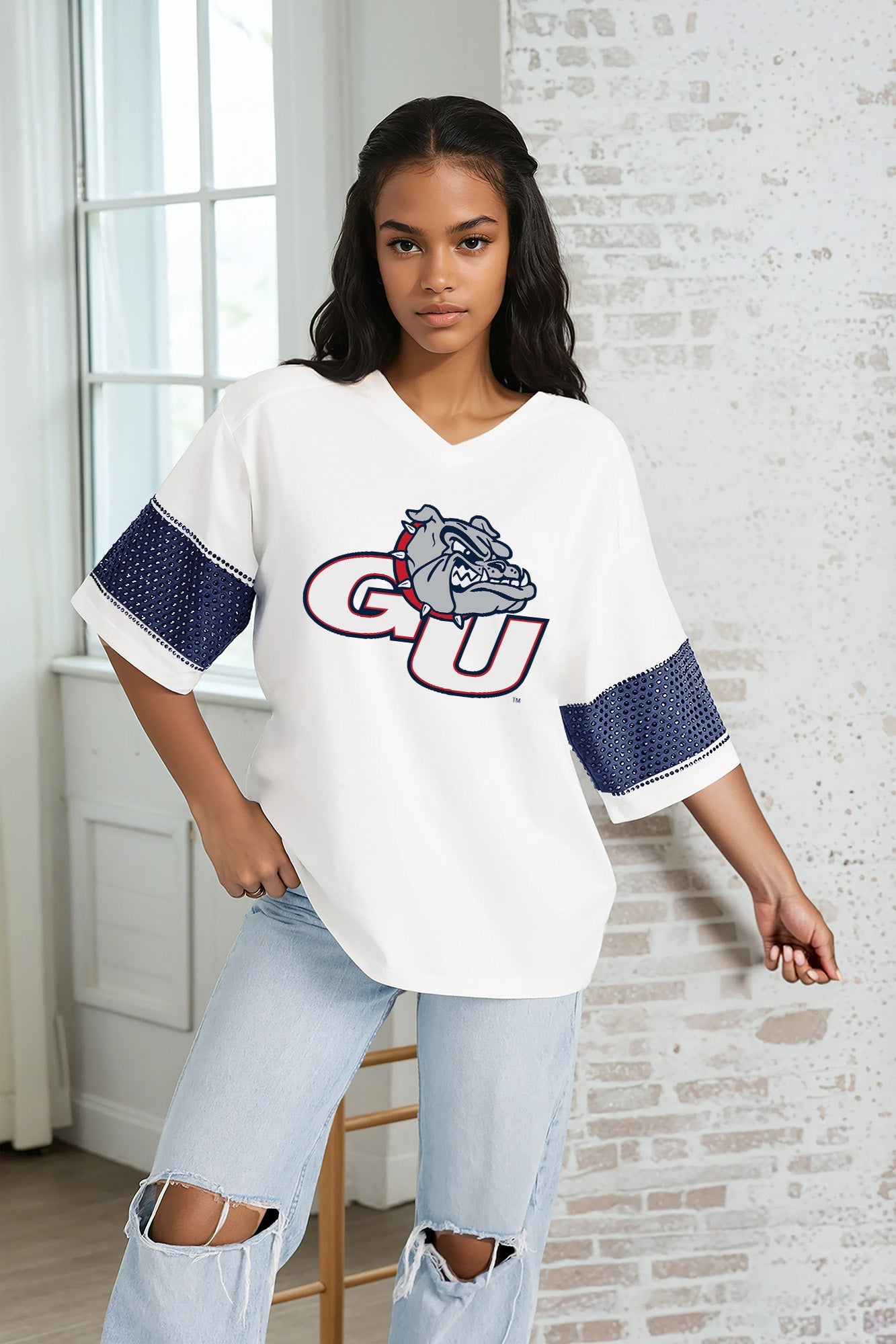 GONZAGA BULLDOGS DOMINANCE RHINESTONE STRIPE VARSITY TEE