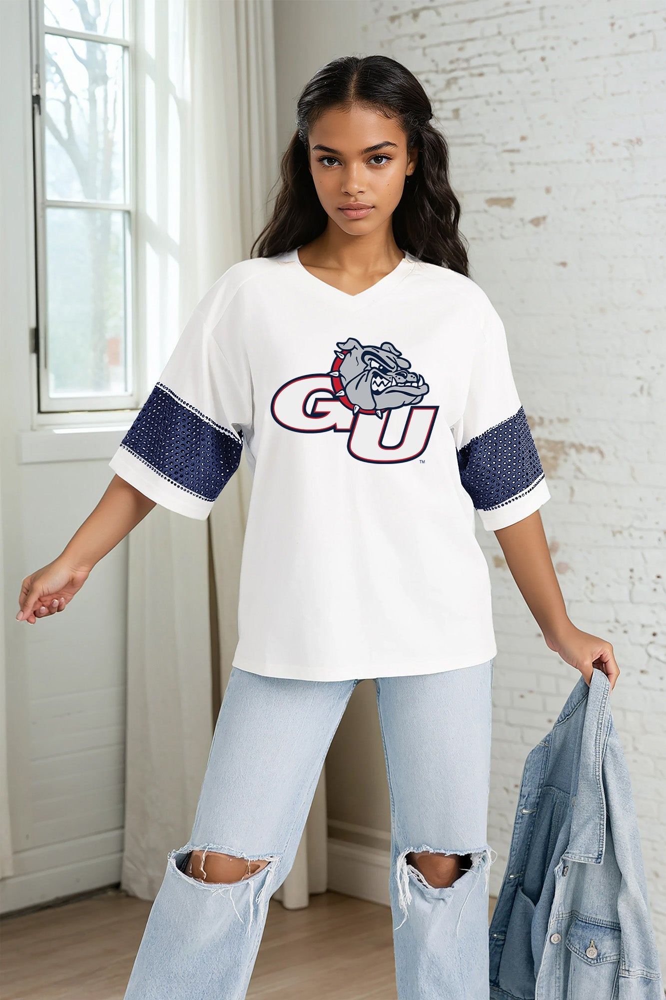 GONZAGA BULLDOGS DOMINANCE RHINESTONE STRIPE VARSITY TEE