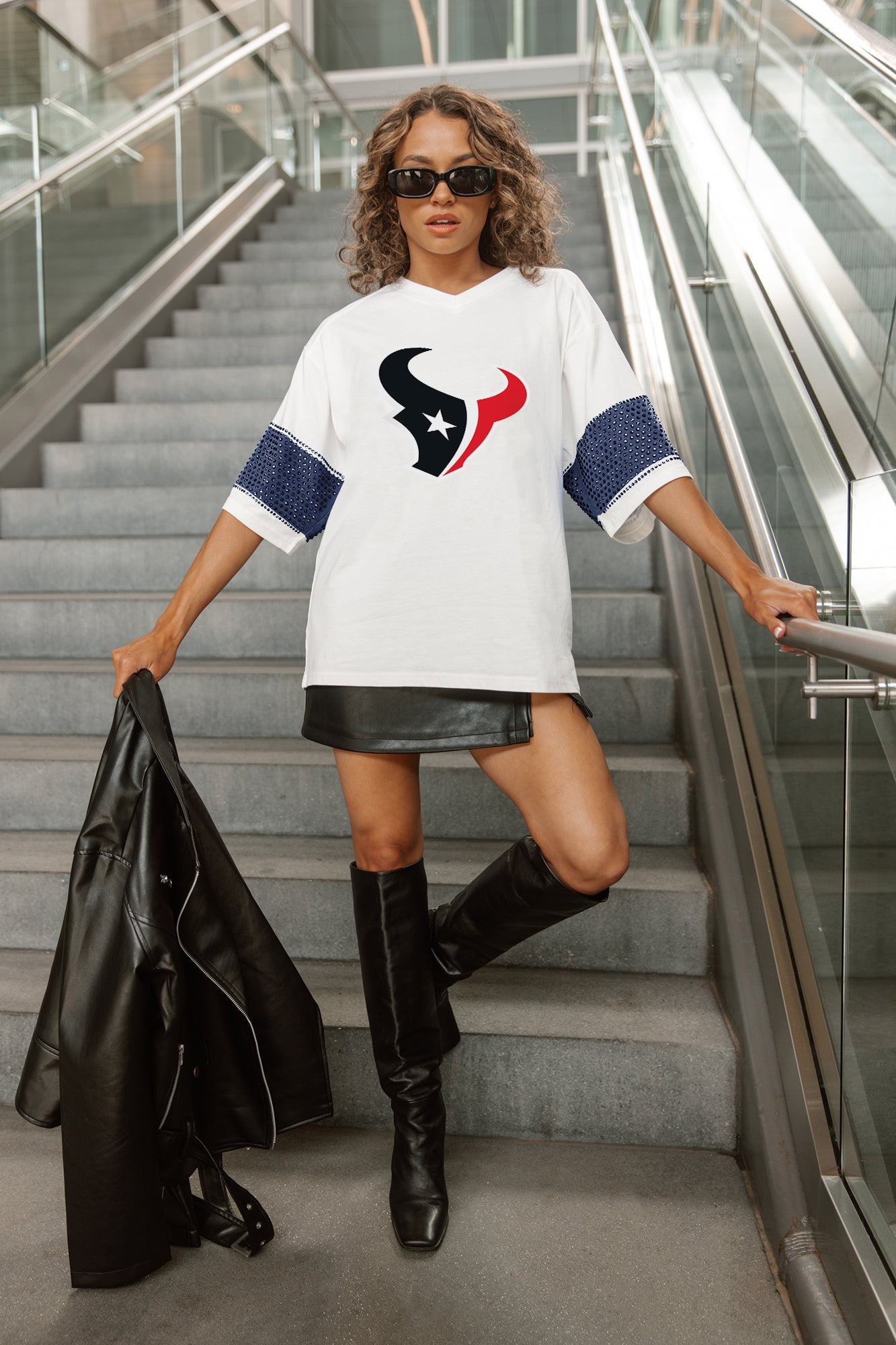 HOUSTON TEXANS DOMINANCE RHINESTONE STRIPE VARSITY TEE