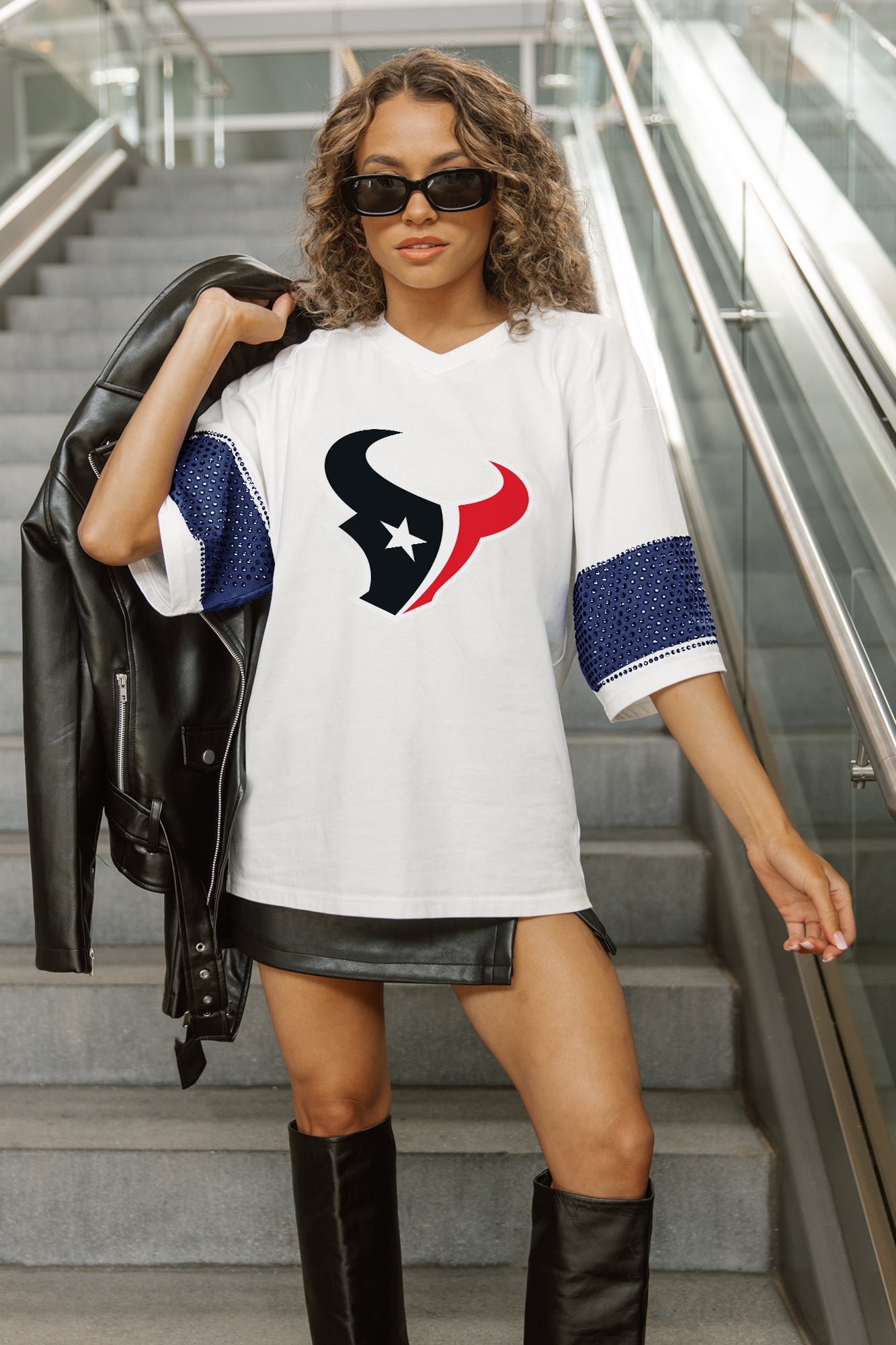 HOUSTON TEXANS DOMINANCE RHINESTONE STRIPE VARSITY TEE