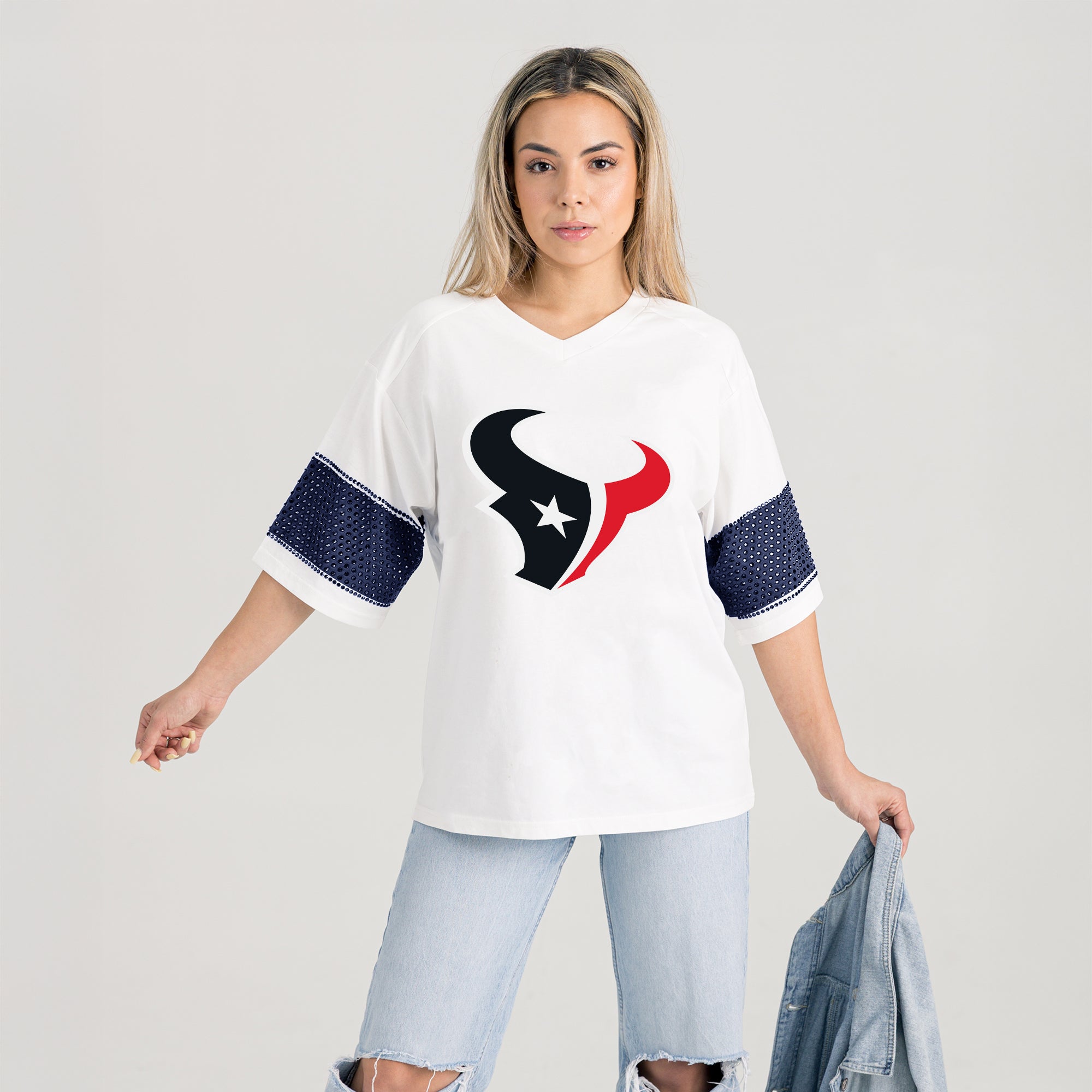 HOUSTON TEXANS DOMINANCE RHINESTONE STRIPE VARSITY TEE