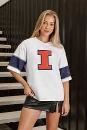 ILLINOIS FIGHTING ILLINI DOMINANCE RHINESTONE STRIPE VARSITY TEE