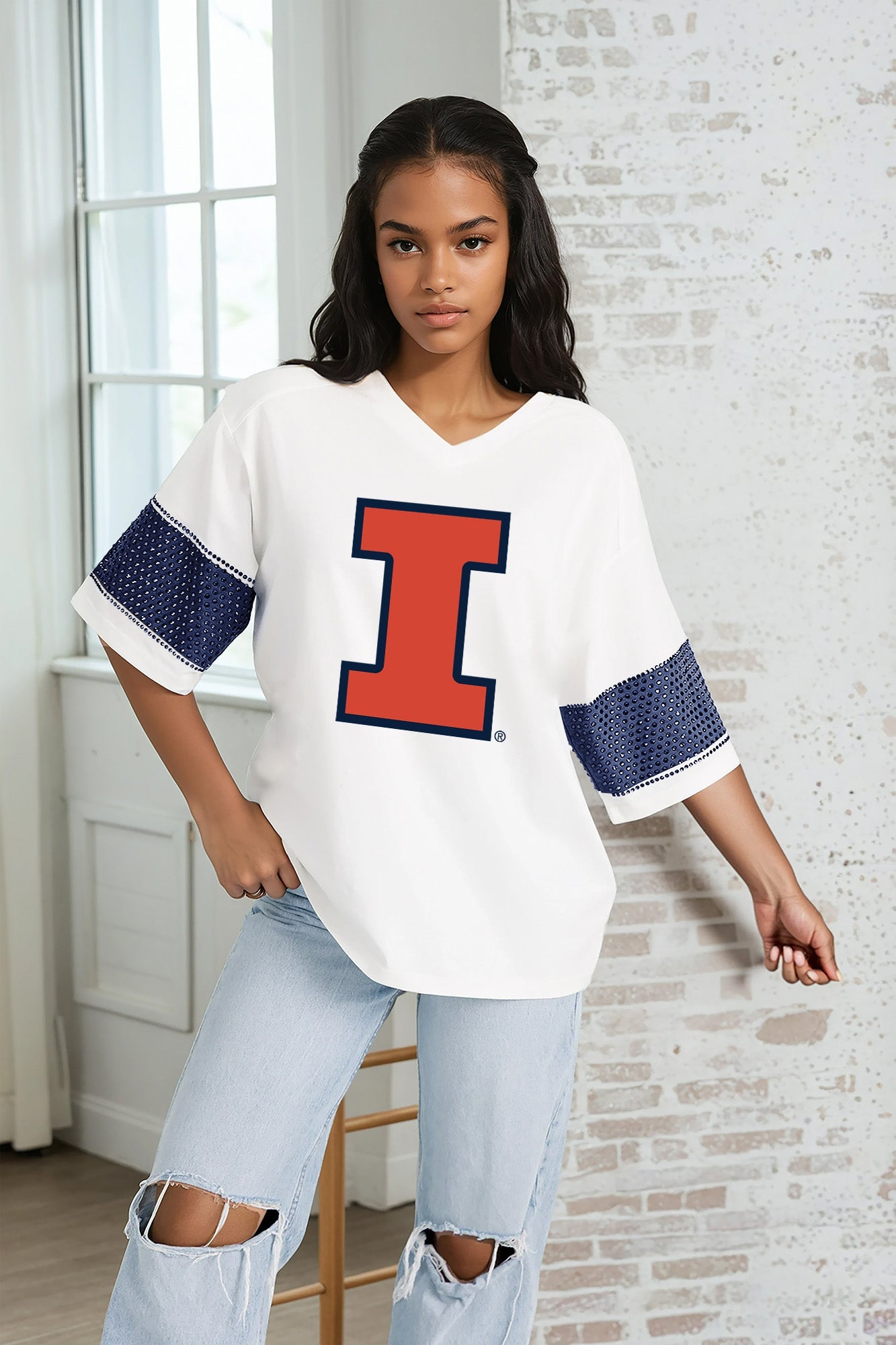 ILLINOIS FIGHTING ILLINI DOMINANCE RHINESTONE STRIPE VARSITY TEE
