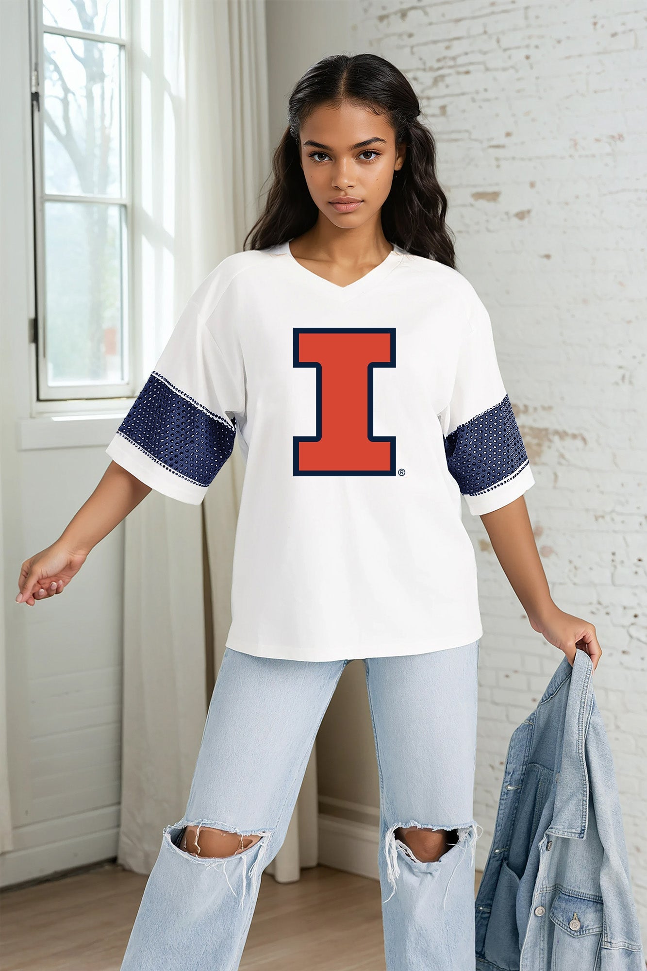 ILLINOIS FIGHTING ILLINI DOMINANCE RHINESTONE STRIPE VARSITY TEE