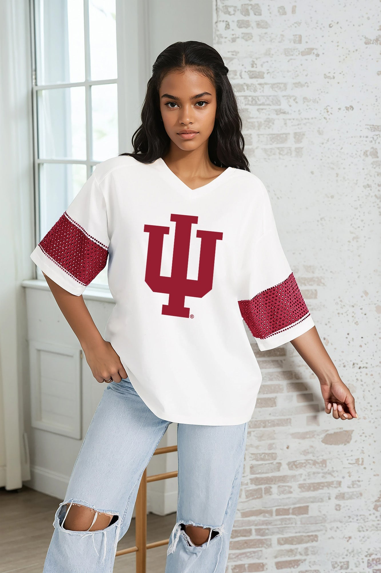 INDIANA HOOSIERS DOMINANCE RHINESTONE STRIPE VARSITY TEE