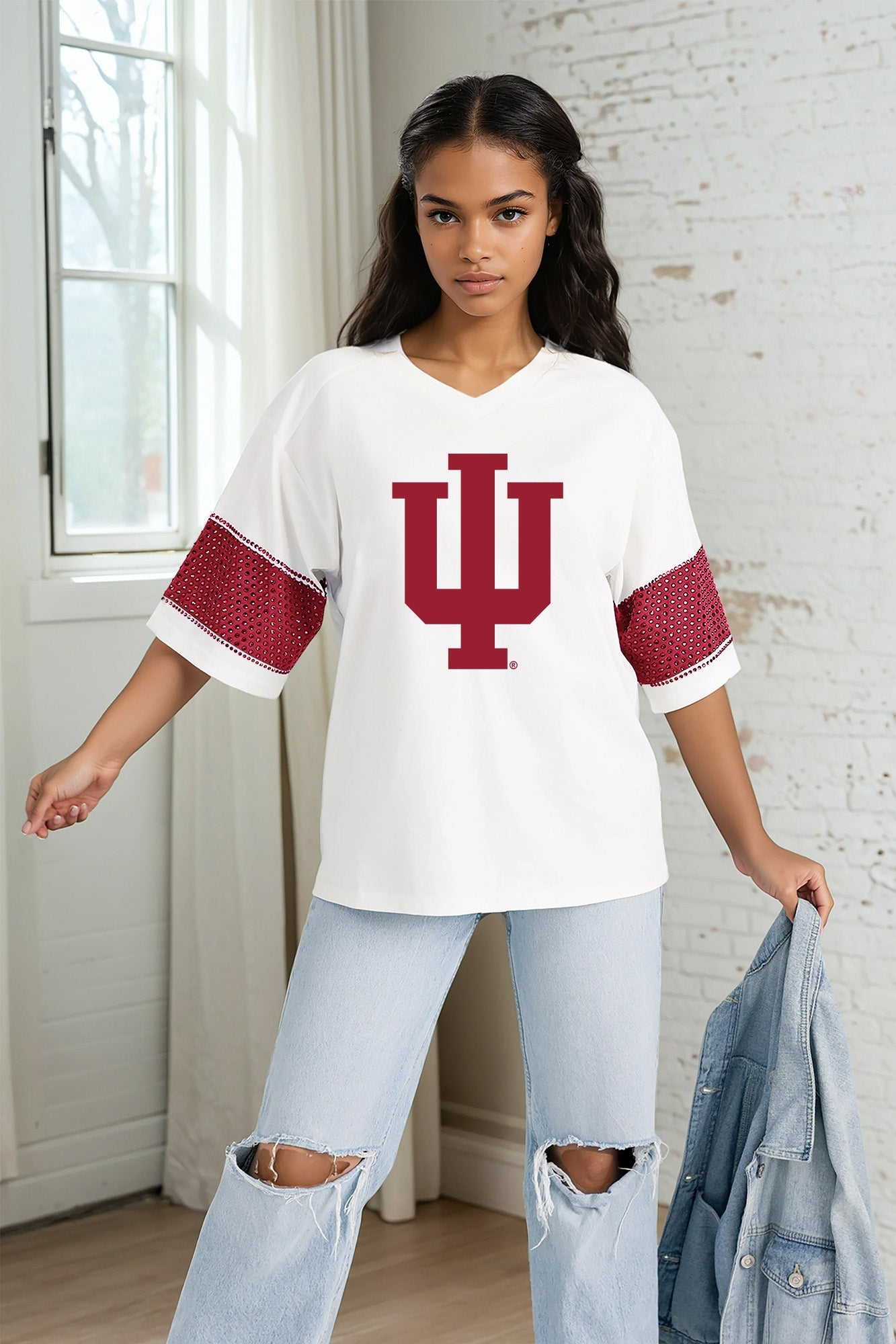 INDIANA HOOSIERS DOMINANCE RHINESTONE STRIPE VARSITY TEE