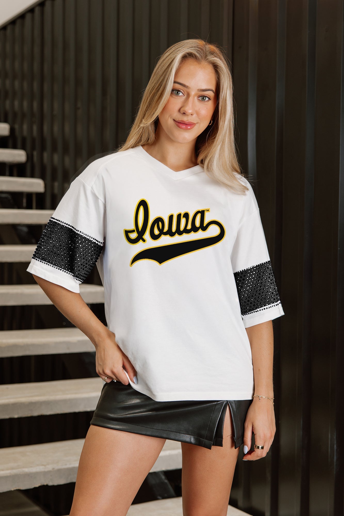 IOWA HAWKEYES DOMINANCE RHINESTONE STRIPE VARSITY TEE
