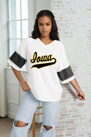 IOWA HAWKEYES DOMINANCE RHINESTONE STRIPE VARSITY TEE