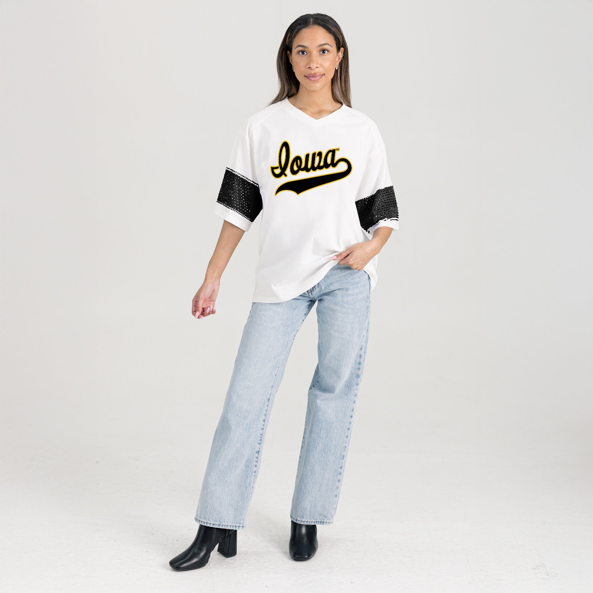 IOWA HAWKEYES DOMINANCE RHINESTONE STRIPE VARSITY TEE