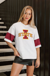 IOWA STATE CYCLONES DOMINANCE RHINESTONE STRIPE VARSITY TEE