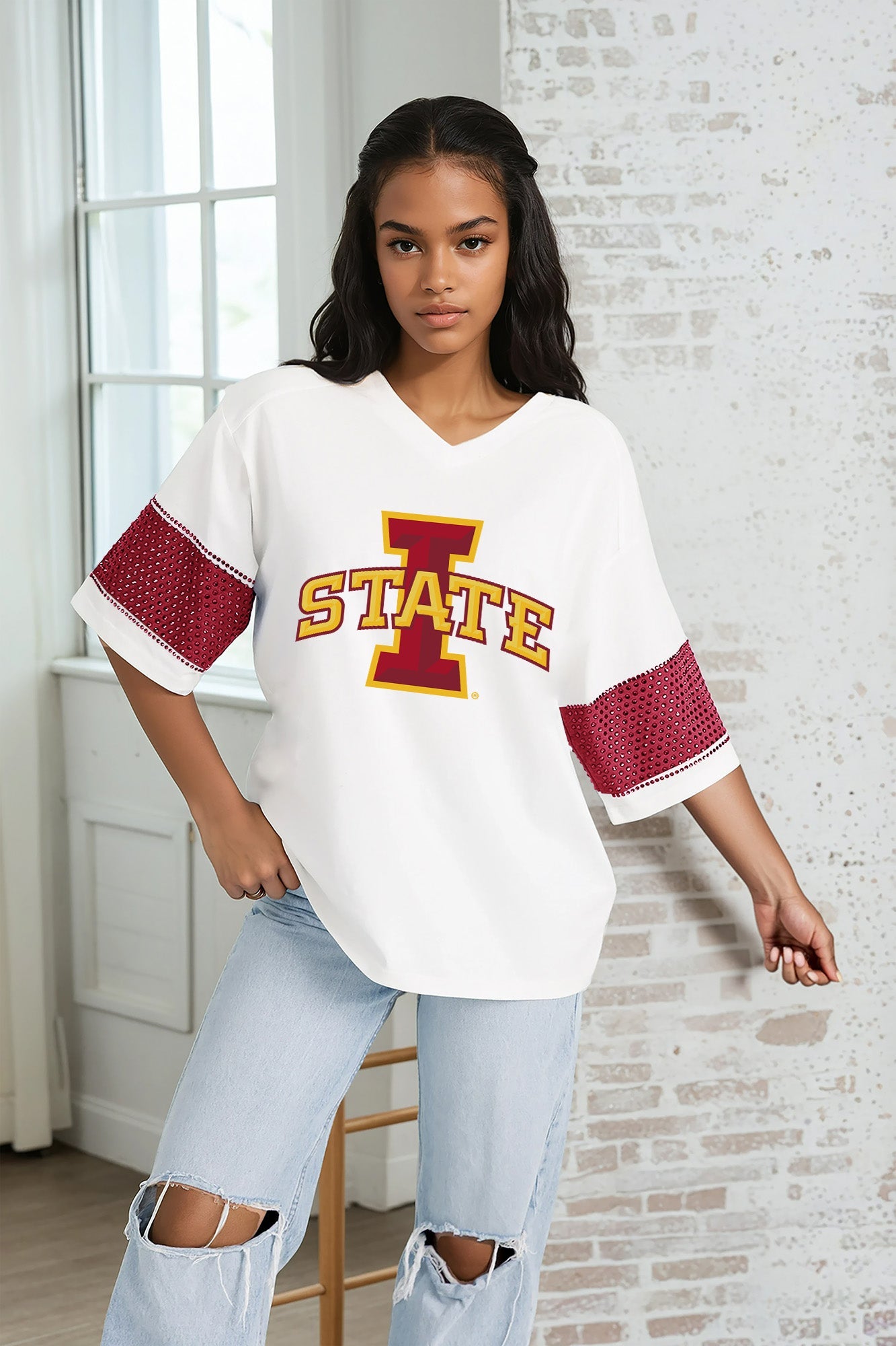 IOWA STATE CYCLONES DOMINANCE RHINESTONE STRIPE VARSITY TEE