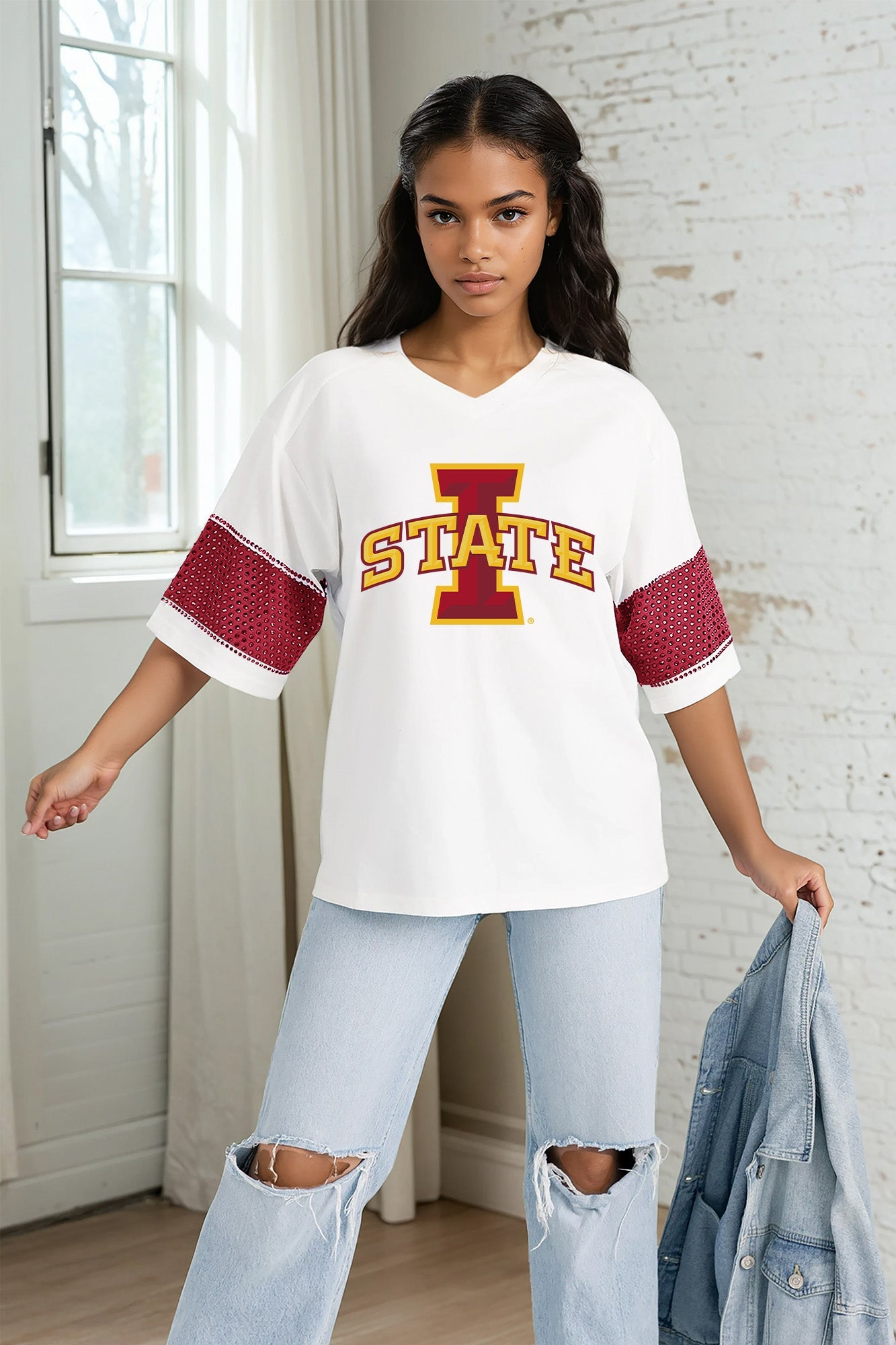 IOWA STATE CYCLONES DOMINANCE RHINESTONE STRIPE VARSITY TEE