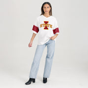 IOWA STATE CYCLONES DOMINANCE RHINESTONE STRIPE VARSITY TEE