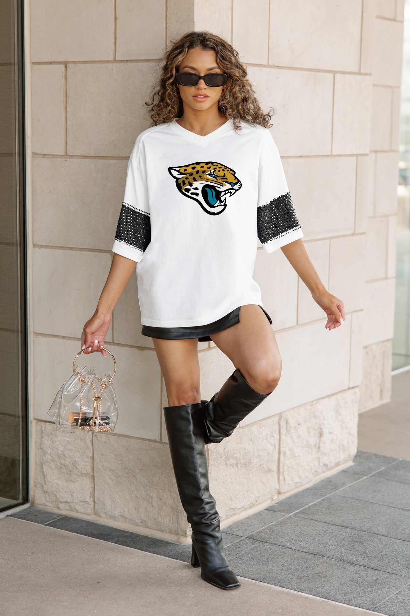 JACKSONVILLE JAGUARS DOMINANCE RHINESTONE STRIPE VARSITY TEE