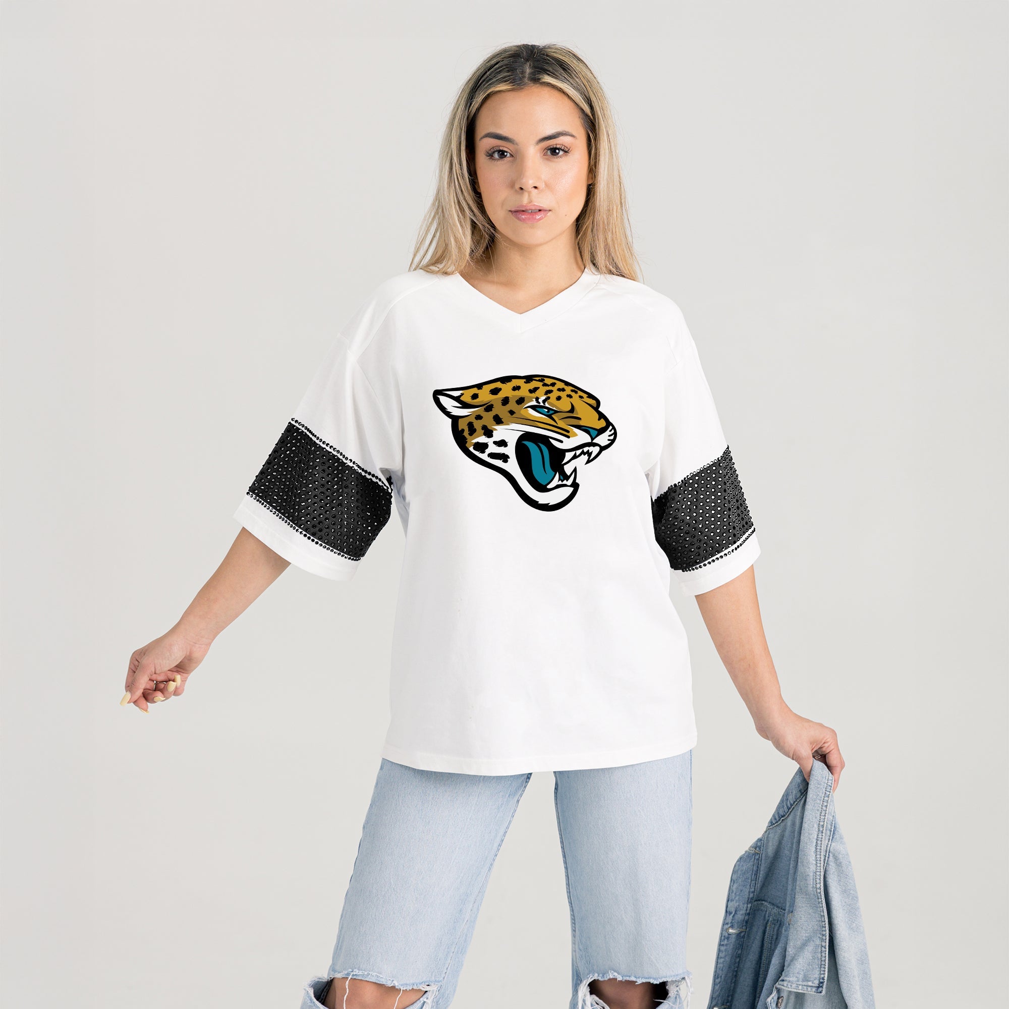 JACKSONVILLE JAGUARS DOMINANCE RHINESTONE STRIPE VARSITY TEE