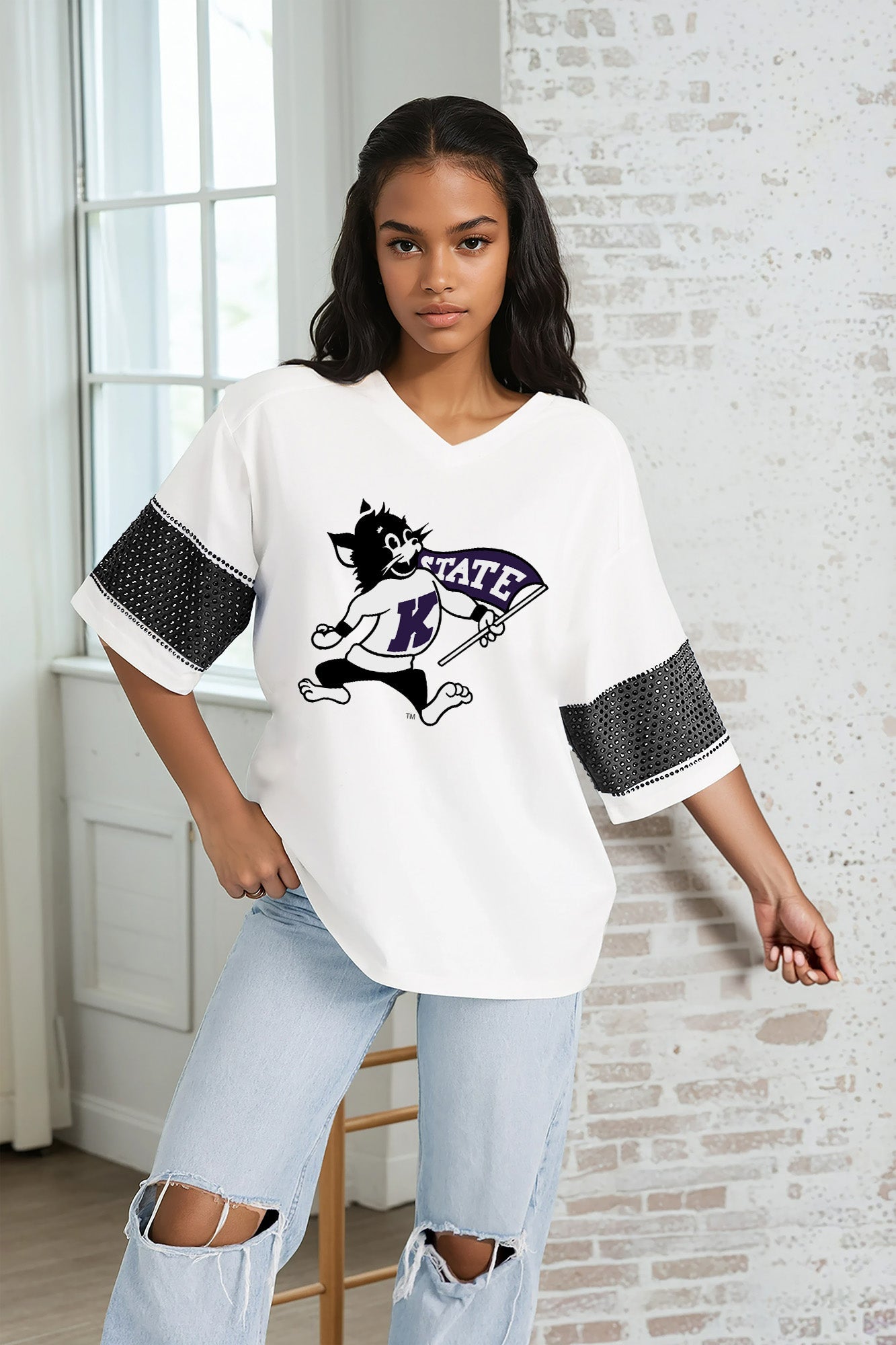 KANSAS STATE WILDCATS DOMINANCE RHINESTONE STRIPE VARSITY TEE