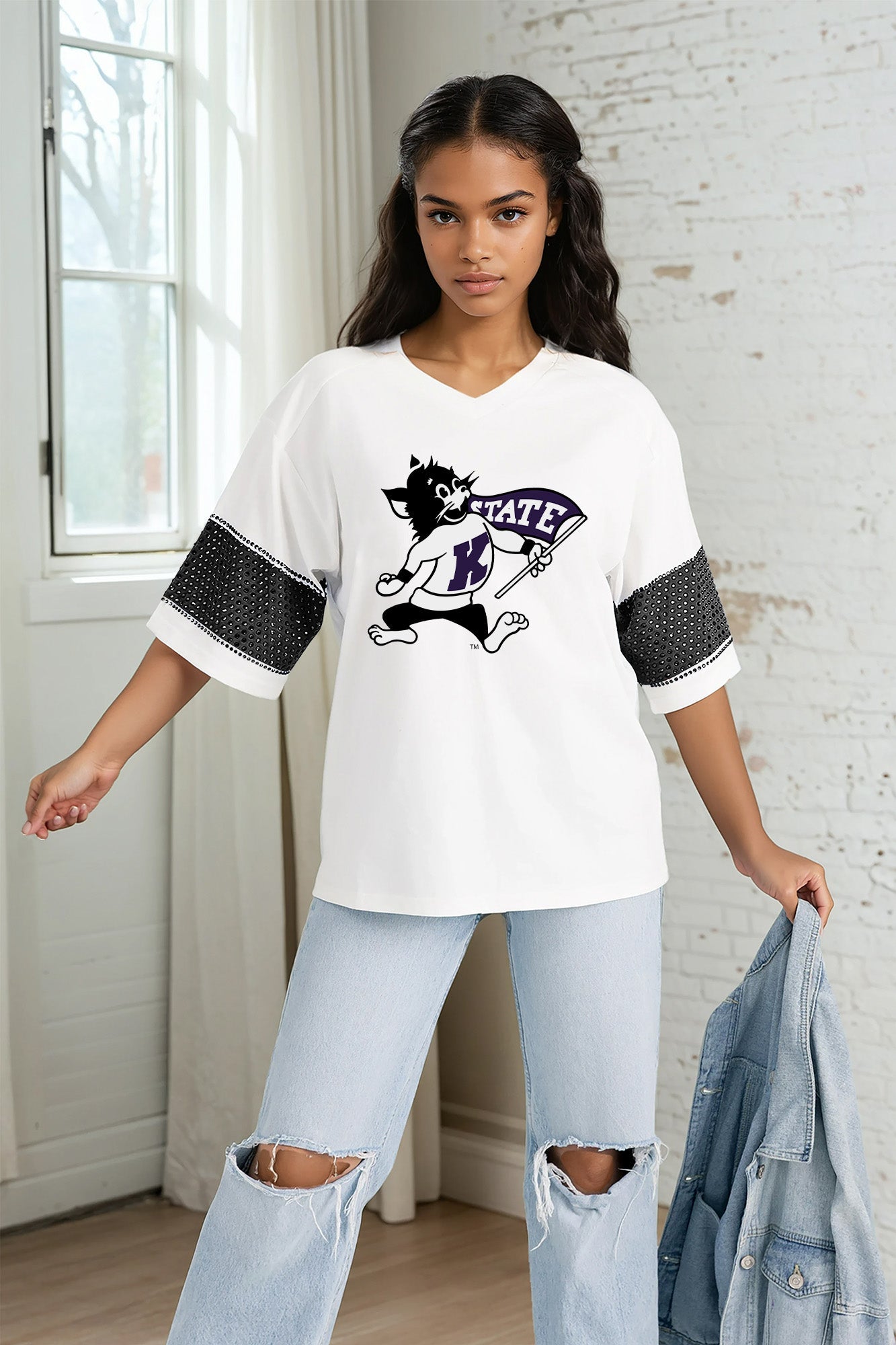 KANSAS STATE WILDCATS DOMINANCE RHINESTONE STRIPE VARSITY TEE