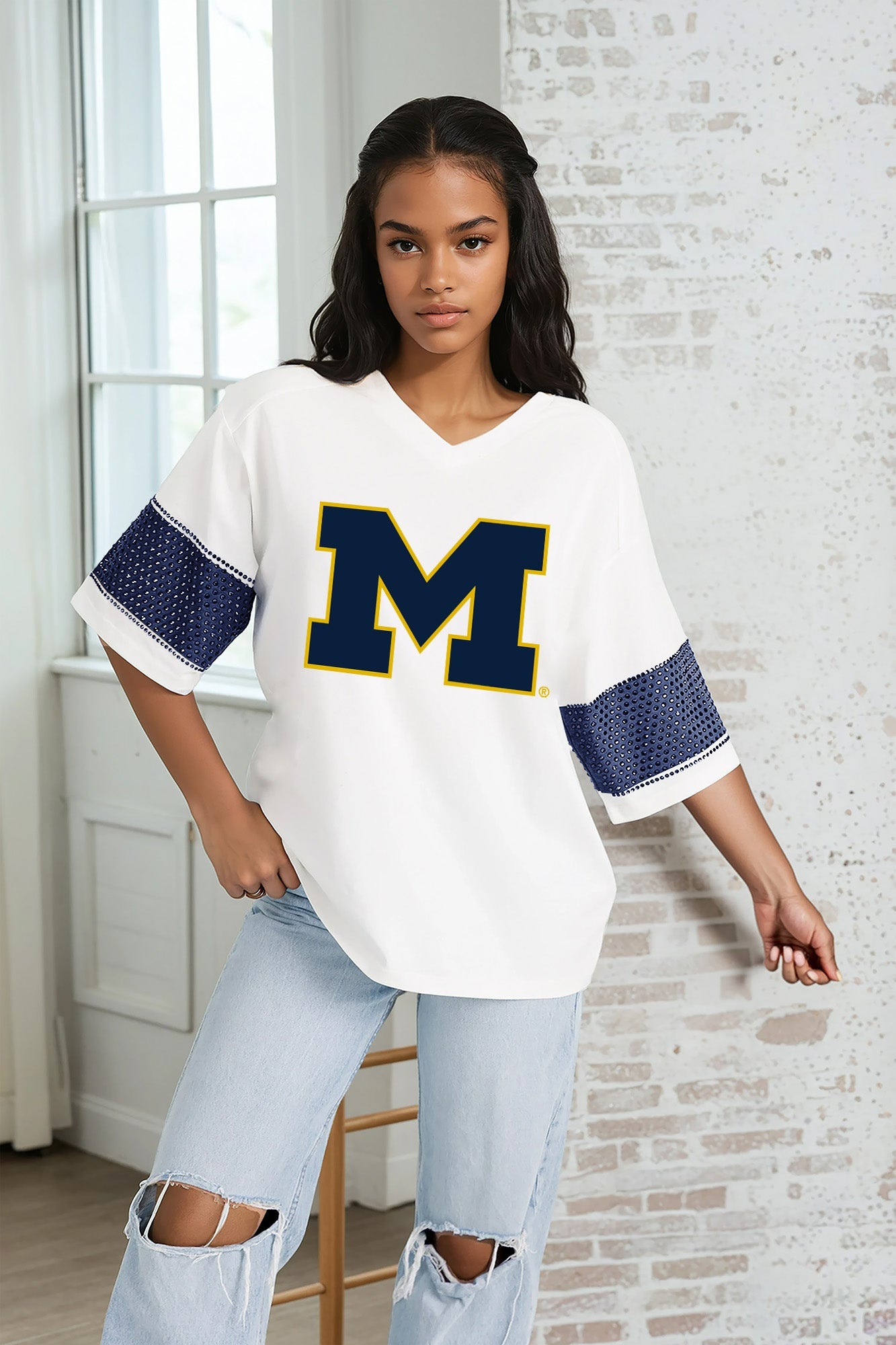 MICHIGAN WOLVERINES DOMINANCE RHINESTONE STRIPE VARSITY TEE