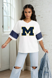 MICHIGAN WOLVERINES DOMINANCE RHINESTONE STRIPE VARSITY TEE
