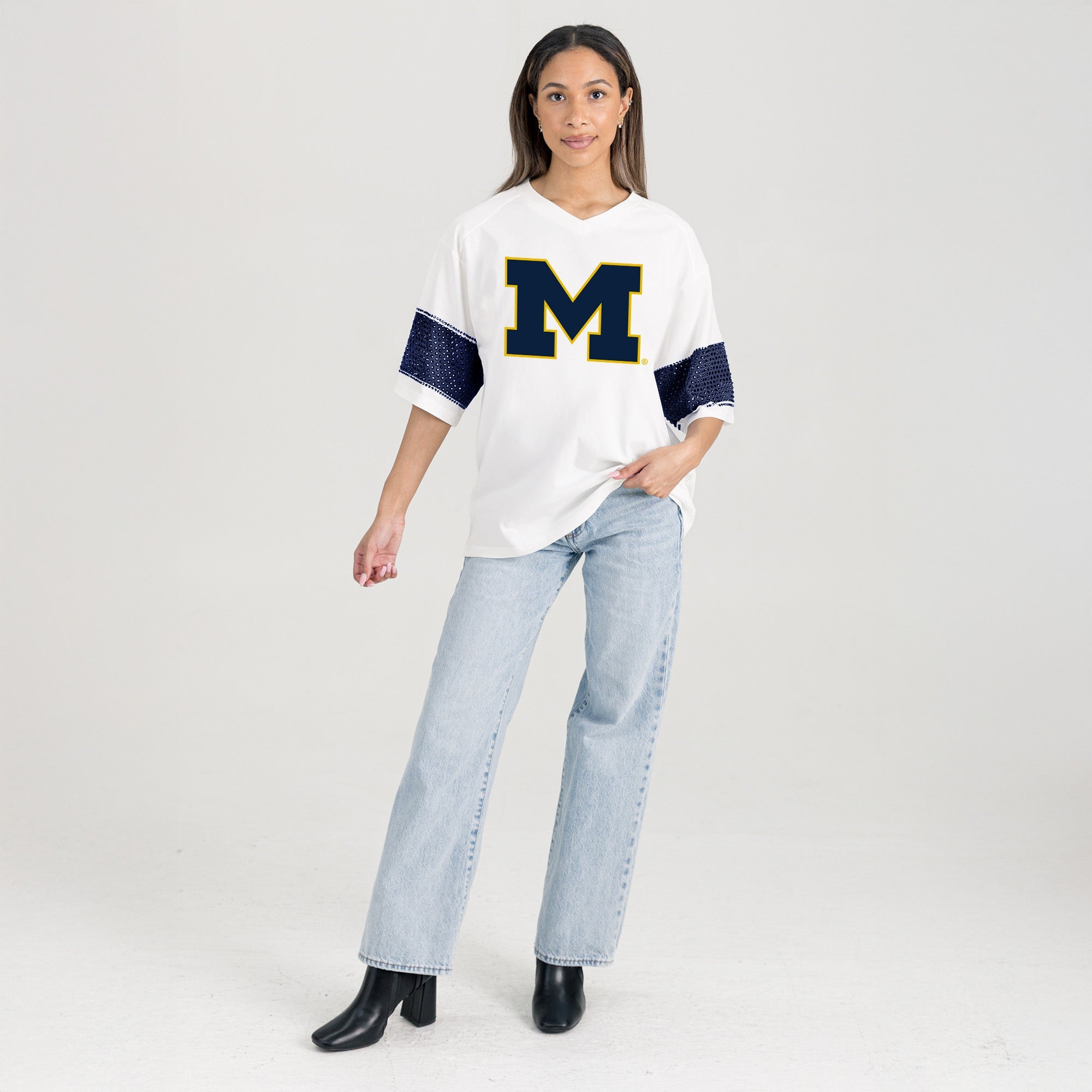 MICHIGAN WOLVERINES DOMINANCE RHINESTONE STRIPE VARSITY TEE