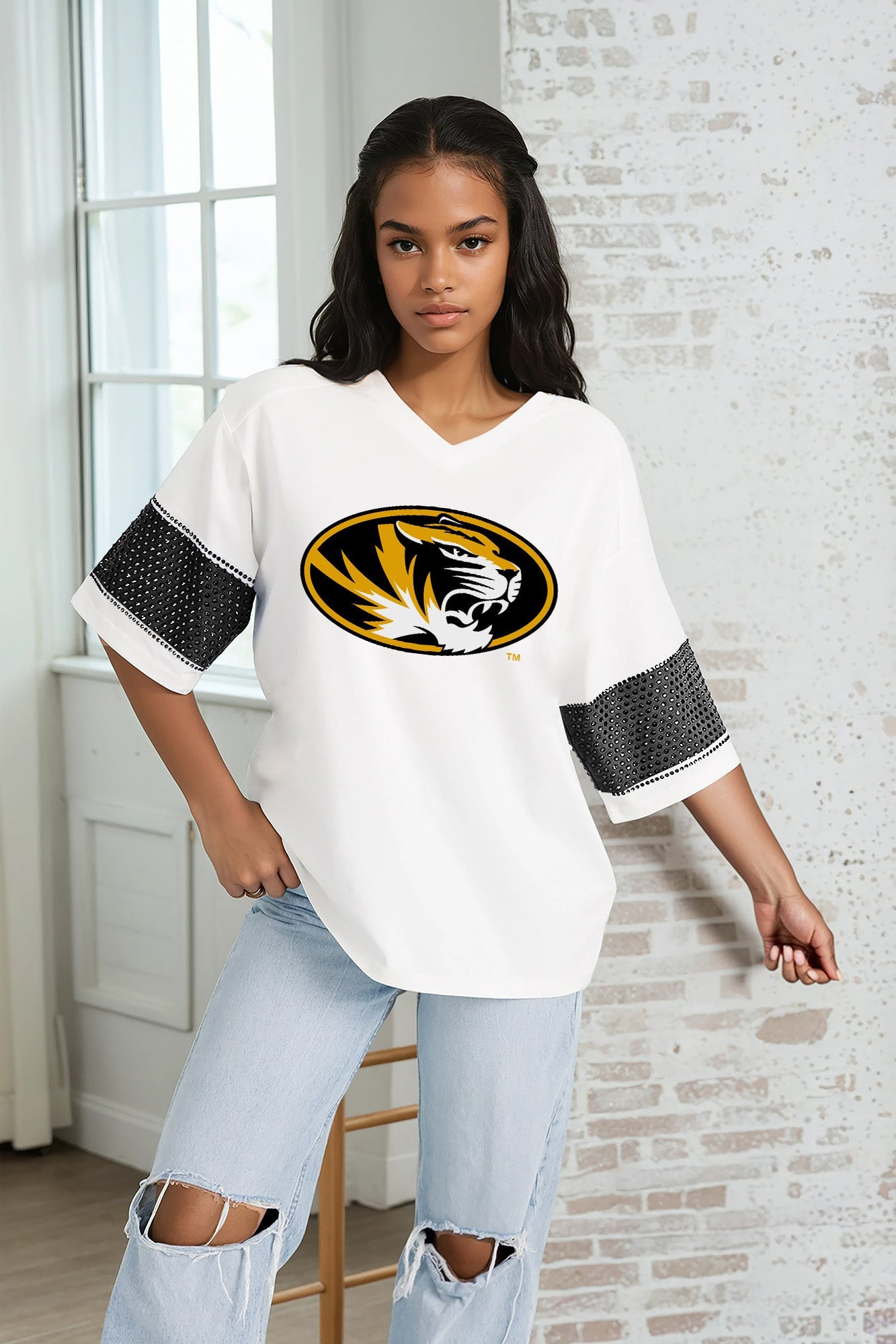 MISSOURI TIGERS DOMINANCE RHINESTONE STRIPE VARSITY TEE