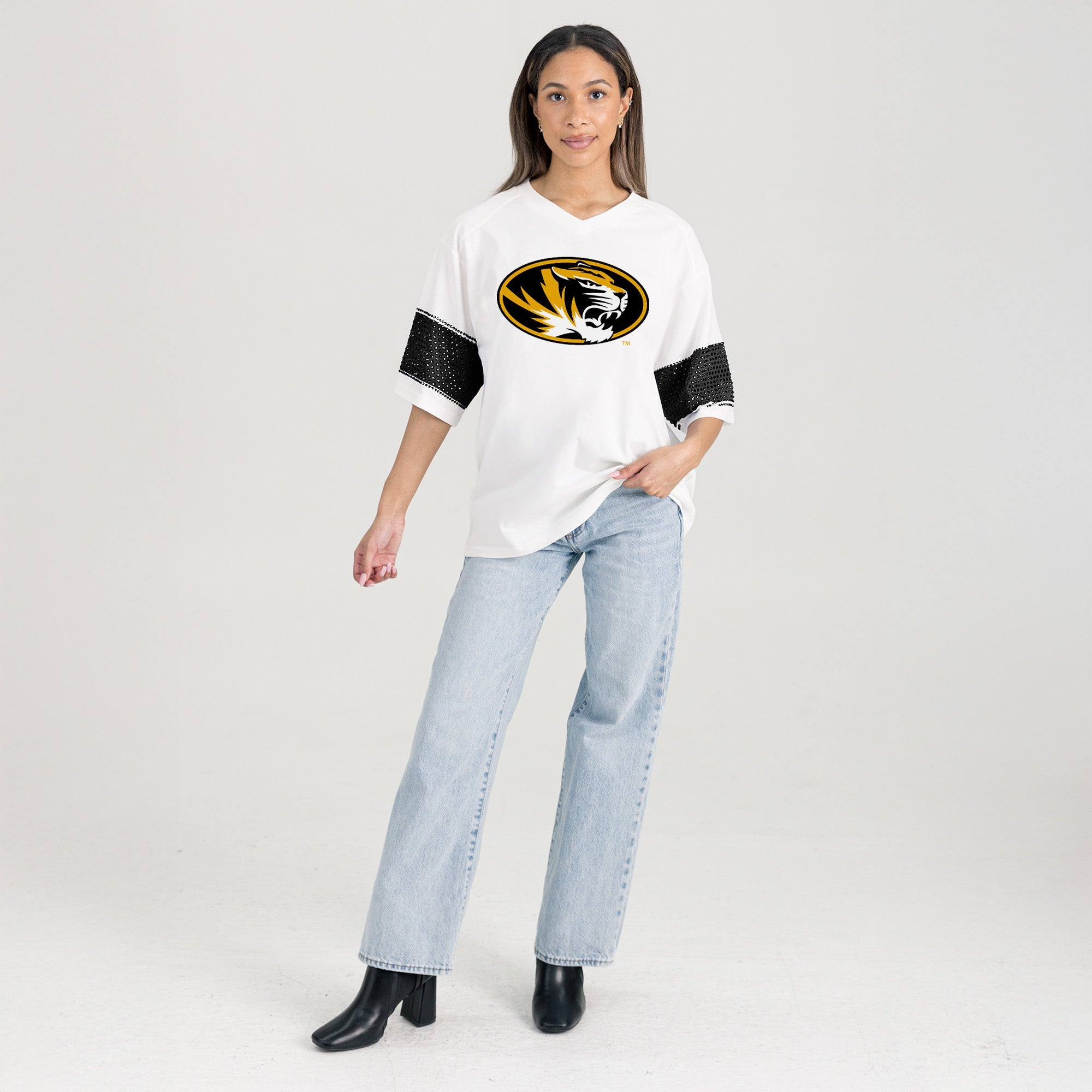 MISSOURI TIGERS DOMINANCE RHINESTONE STRIPE VARSITY TEE