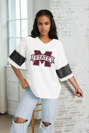 MISSISSIPPI STATE BULLDOGS DOMINANCE RHINESTONE STRIPE VARSITY TEE