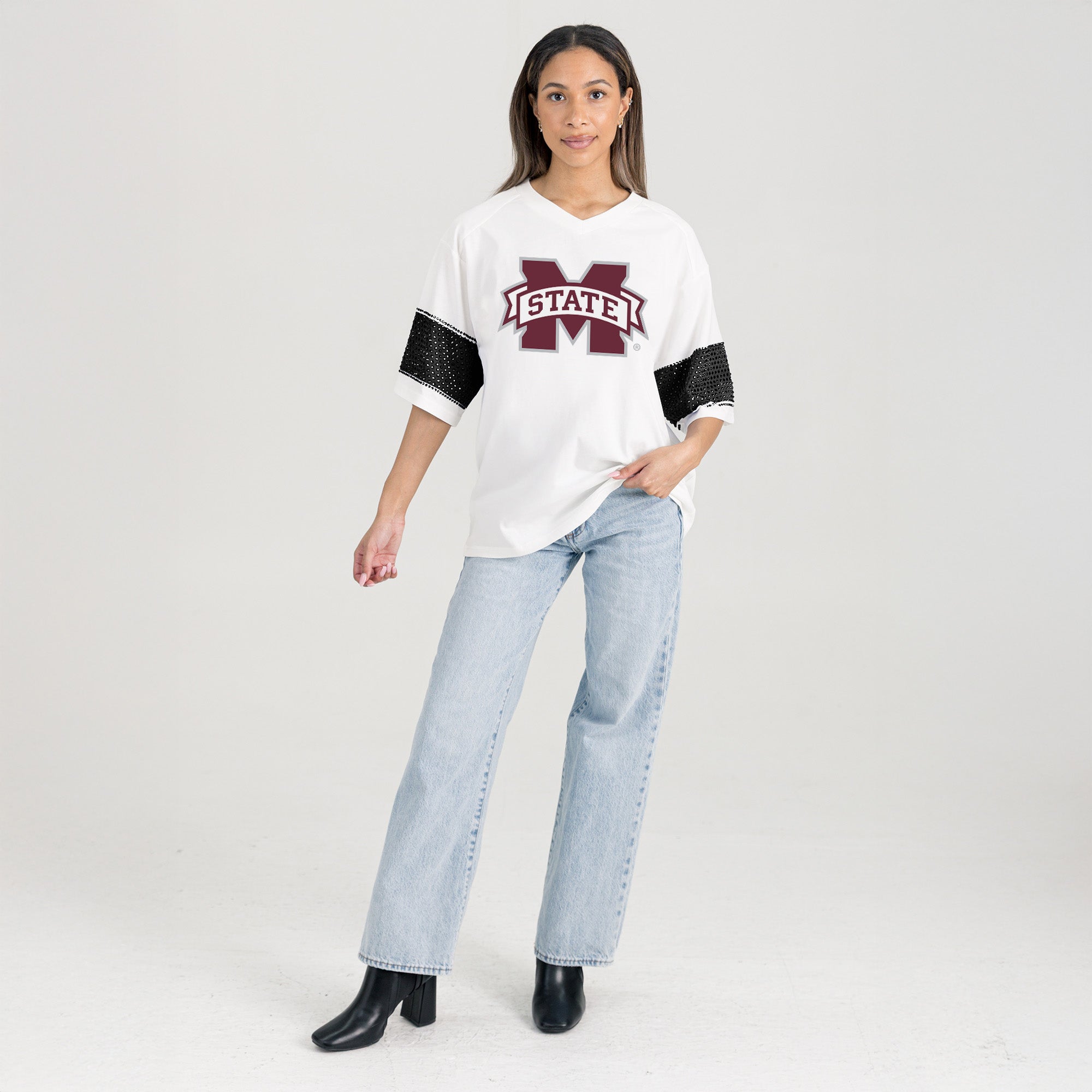 MISSISSIPPI STATE BULLDOGS DOMINANCE RHINESTONE STRIPE VARSITY TEE
