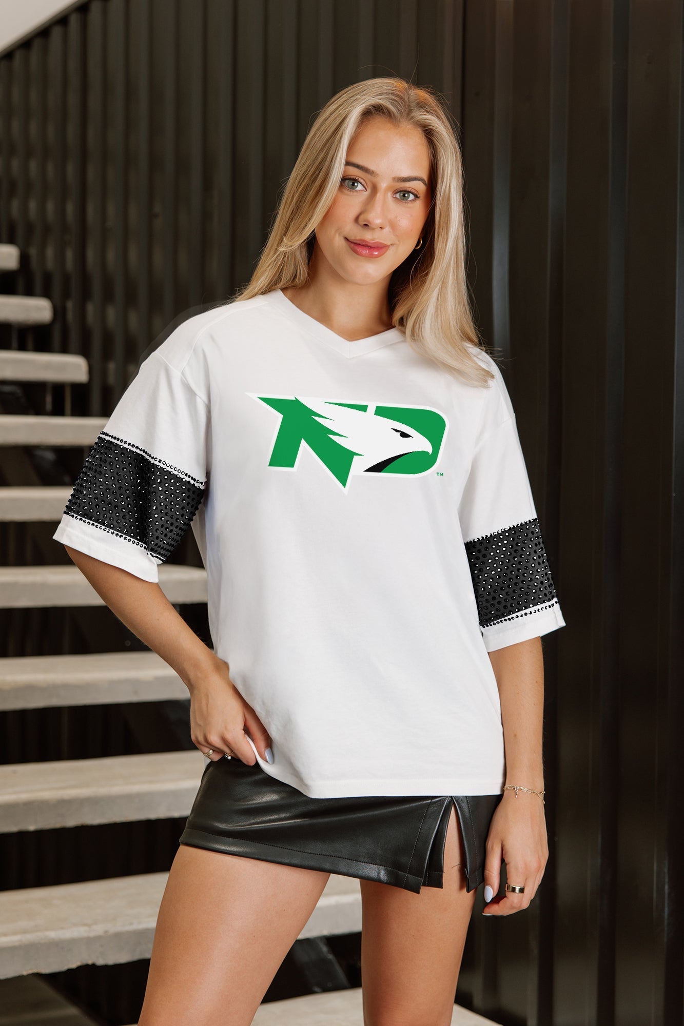 NORTH DAKOTA FIGHTING HAWKS DOMINANCE RHINESTONE STRIPE VARSITY TEE