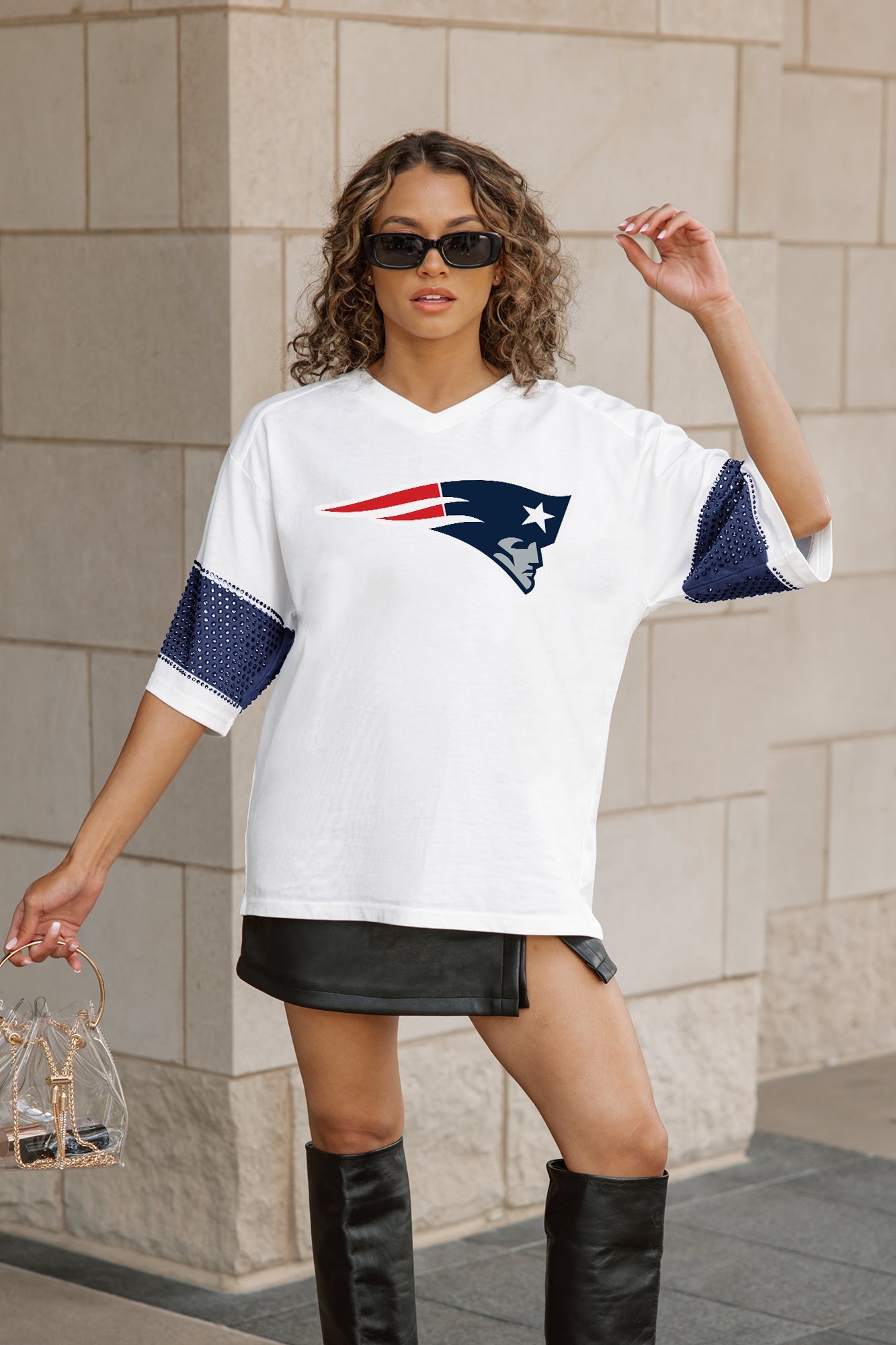 NEW ENGLAND PATRIOTS DOMINANCE RHINESTONE STRIPE VARSITY TEE